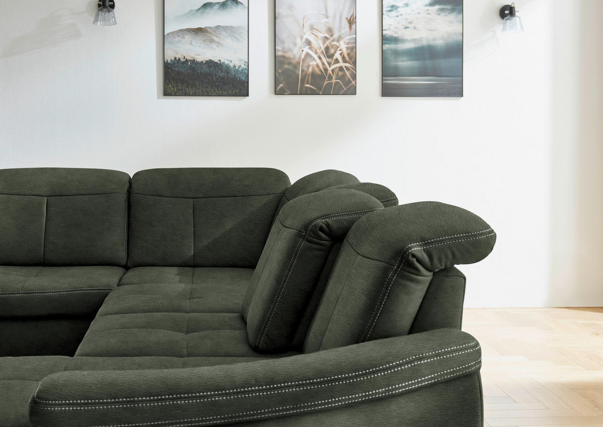 WOHNLANDSCHAFT in Mikrofaser Grün  - Wildeiche/Beige, Konventionell, Holz/Textil (243/343/185cm) - Voleo