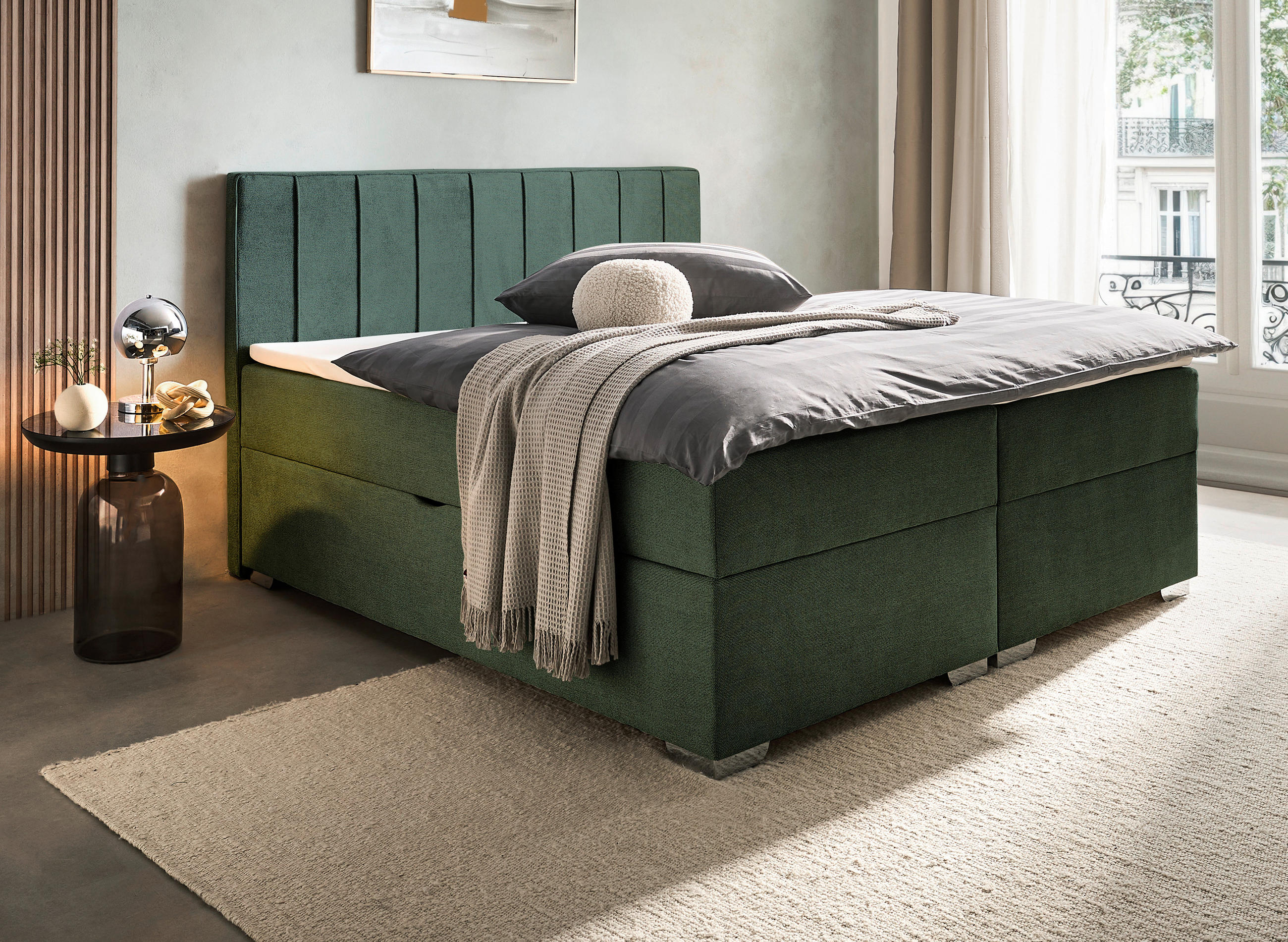 BOXBETT 160/200 cm,  in Dunkelgrün, Bettkasten, Topper, H3 + H3 = fest  - Chromfarben/Dunkelgrün, Trend, Kunststoff/Textil (160/200cm) - Boxxx