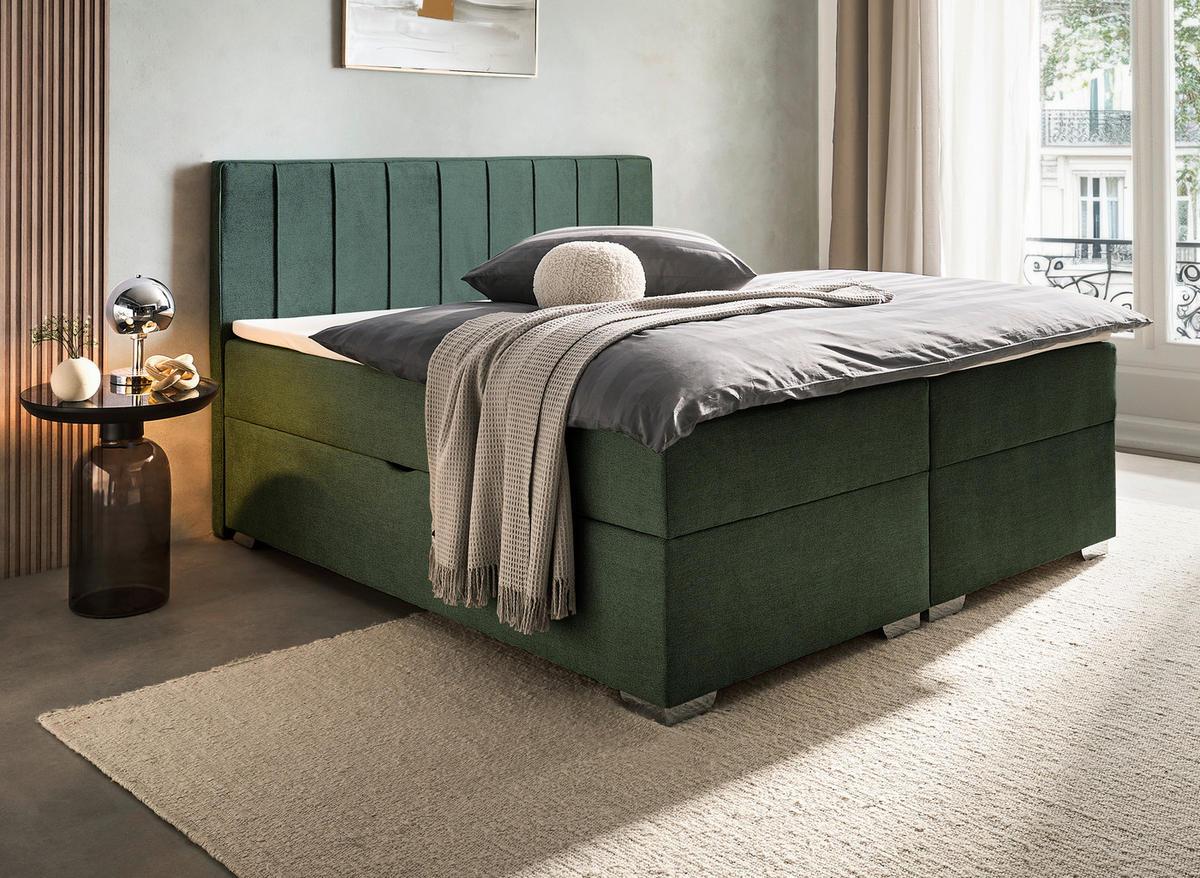 BOXBETT 160/200 cm,  in Dunkelgrün, Bettkasten, Topper, H3 + H3 = fest  - Chromfarben/Dunkelgrün, Trend, Kunststoff/Textil (160/200cm) - Boxxx