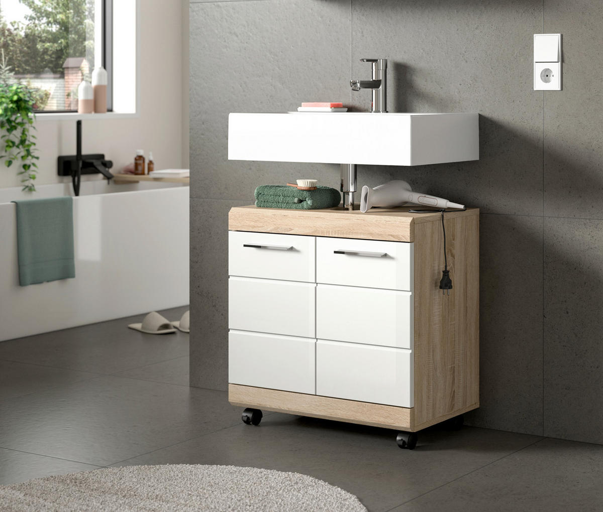 TVÄTTSTÄLLSUNDERSKÅP 60/60/34 cm  - Sonoma ek/vit högglans, Trend, trämaterial/plast (60/60/34cm) - MID.YOU