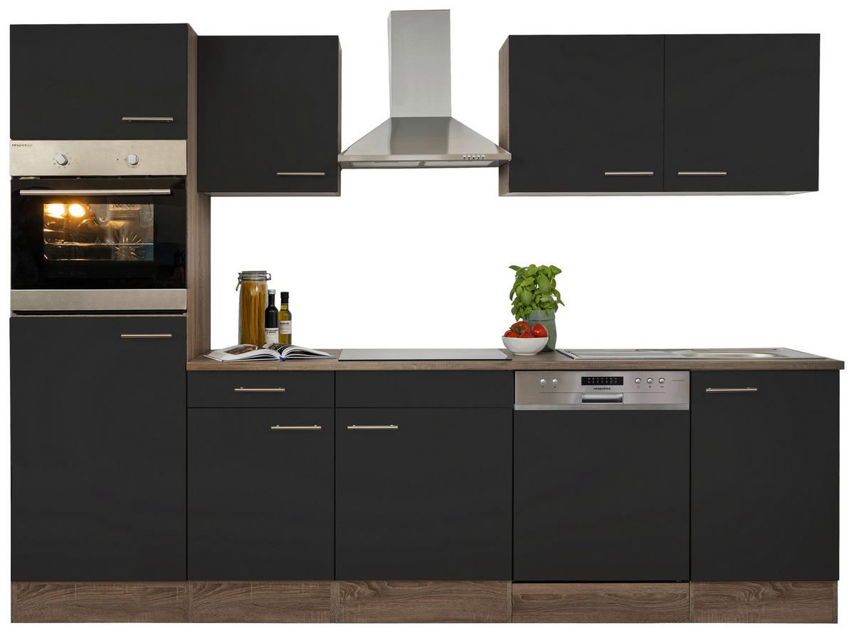 KÜCHENBLOCK 280 cm   in Schwarz, Eichefarben  - Edelstahlfarben/Eichefarben, Design, Holzwerkstoff/Metall (280cm) - Respekta