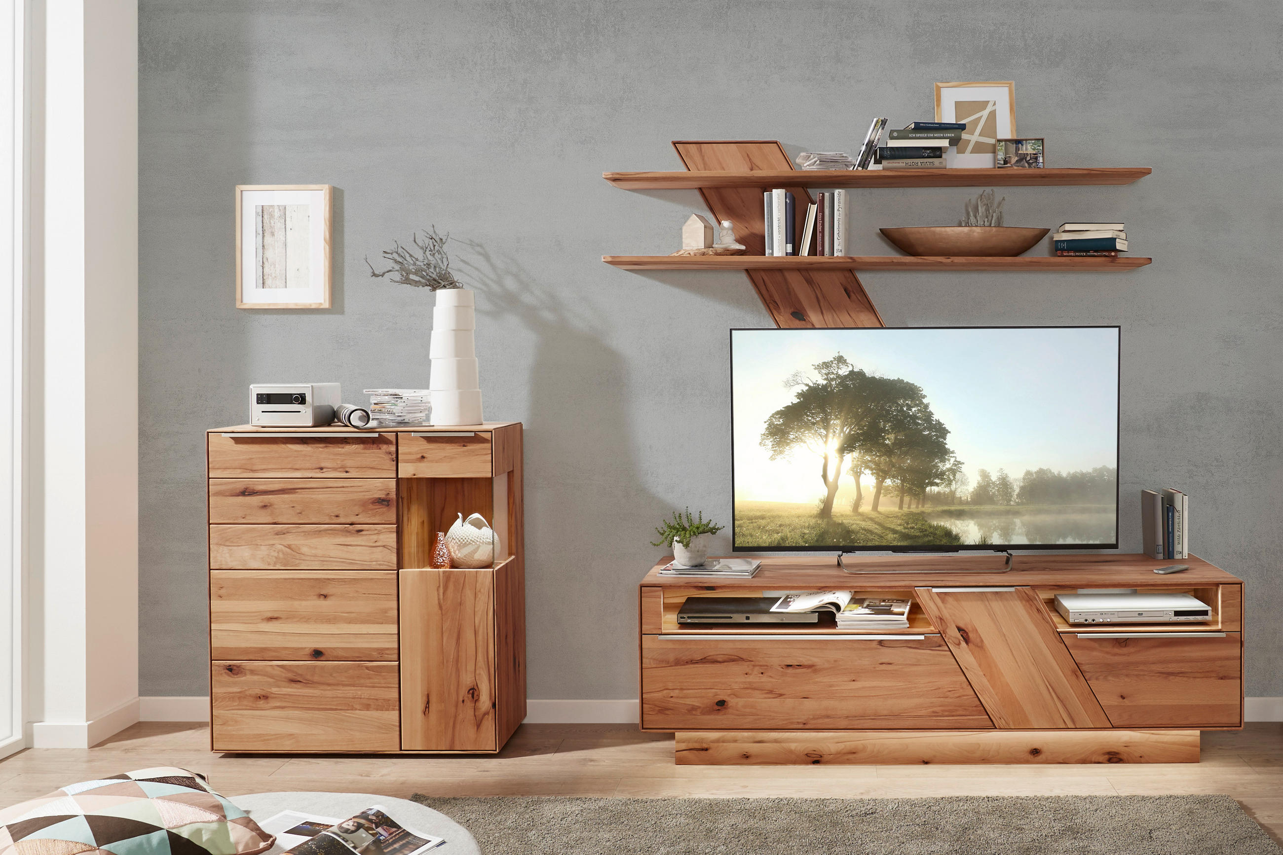 WOHNWAND Sonia  in Buchefarben  304/200/53,7 cm  - Edelstahlfarben/Buchefarben, Design, Glas/Holz (304/200/53,7cm) - Valnatura