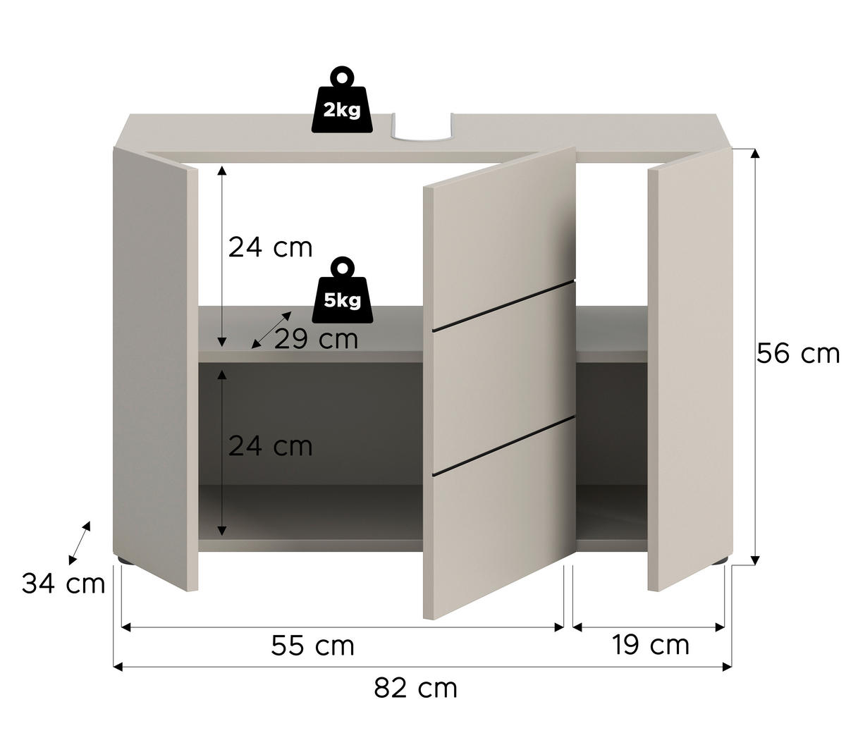 WASCHBECKENUNTERSCHRANK 82/56/34 cm  - Kaschmir/Schwarz, MODERN, Holzwerkstoff/Kunststoff (82/56/34cm) - MID.YOU