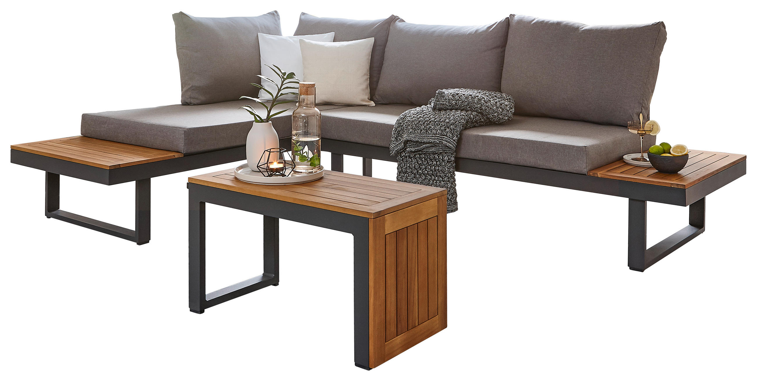 LOUNGEGARNITUR Akazie massiv Aluminium  - Anthrazit/Hellgrau, Design, Holz/Textil - Amatio