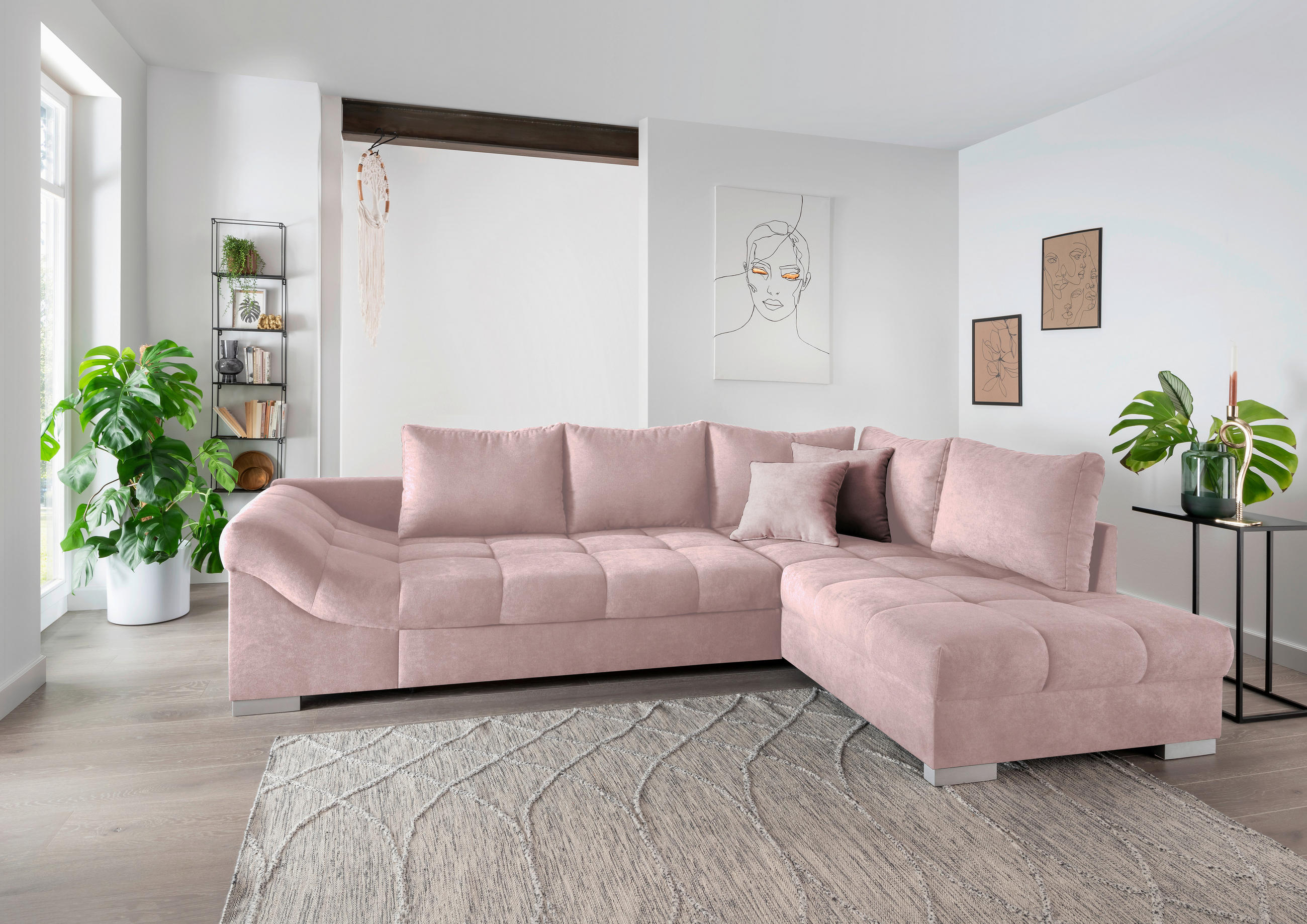 ECKSCHLAFSOFA Rosa Mikrofaser  - Silberfarben/Rosa, Design, Holz/Textil (298/202cm) - MID.YOU