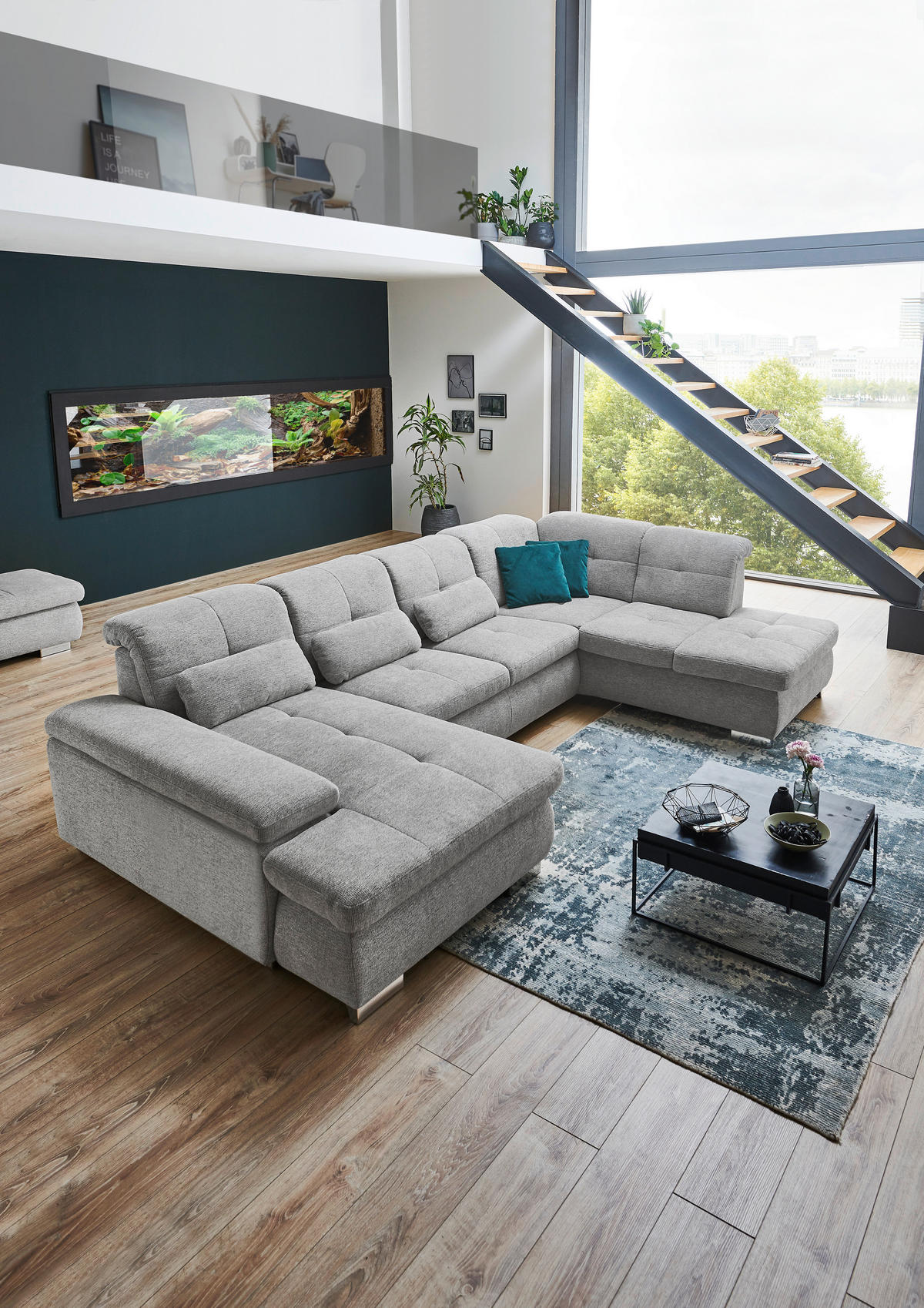 WOHNLANDSCHAFT Hellgrau Webstoff  - Hellgrau/Schwarz, Design, Textil/Metall (210/337/174cm) - Beldomo Style