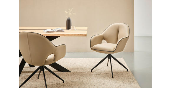 ARMLEHNSTUHL  Sitzfläche 360° drehbar, automatische Rückholfunktion  Echtleder  - Sandfarben/Schwarz, Design, Leder/Metall (62/85/64cm) - Novel