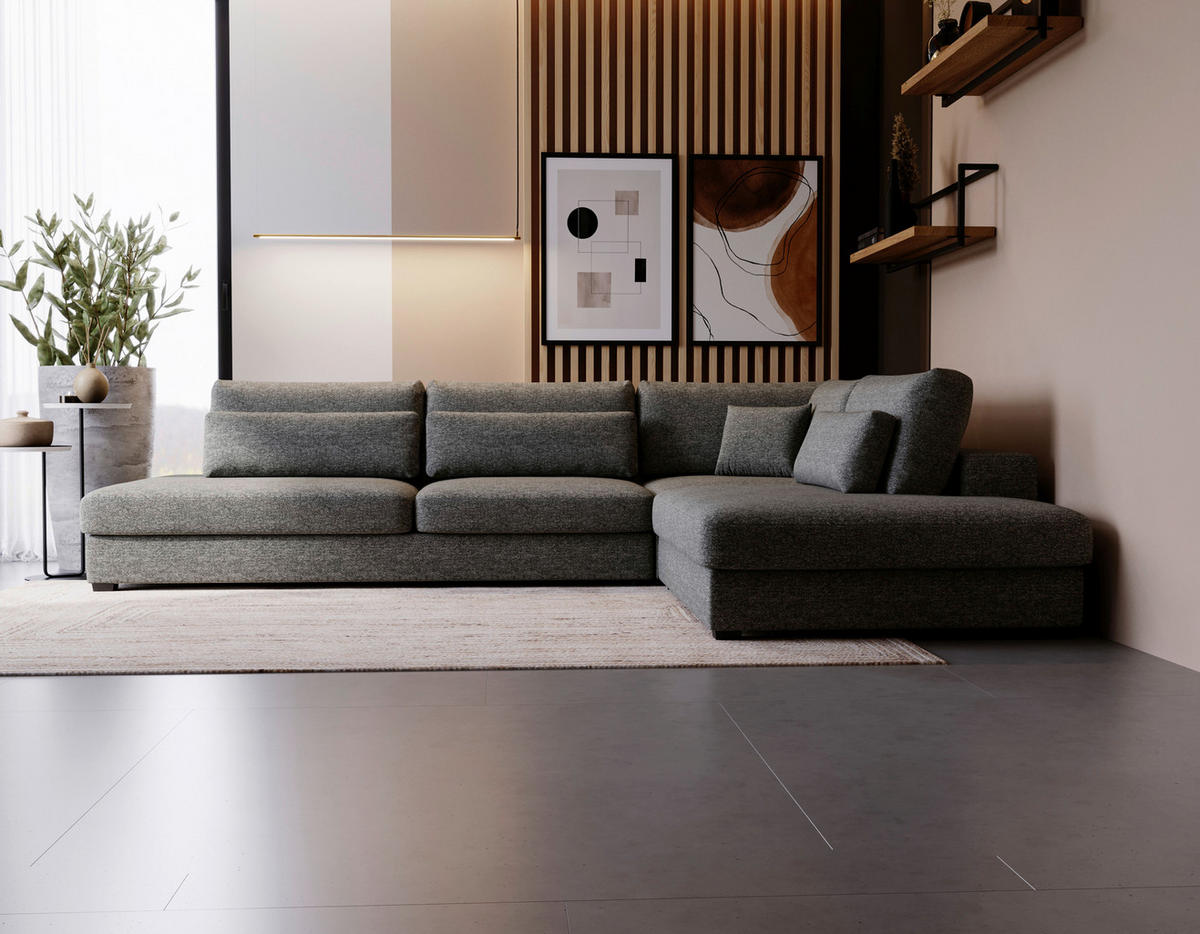 ECKSOFA Plüsch, Bouclé Grau  - Schwarz/Grau, Design, Kunststoff/Textil (332/244cm) - Livetastic