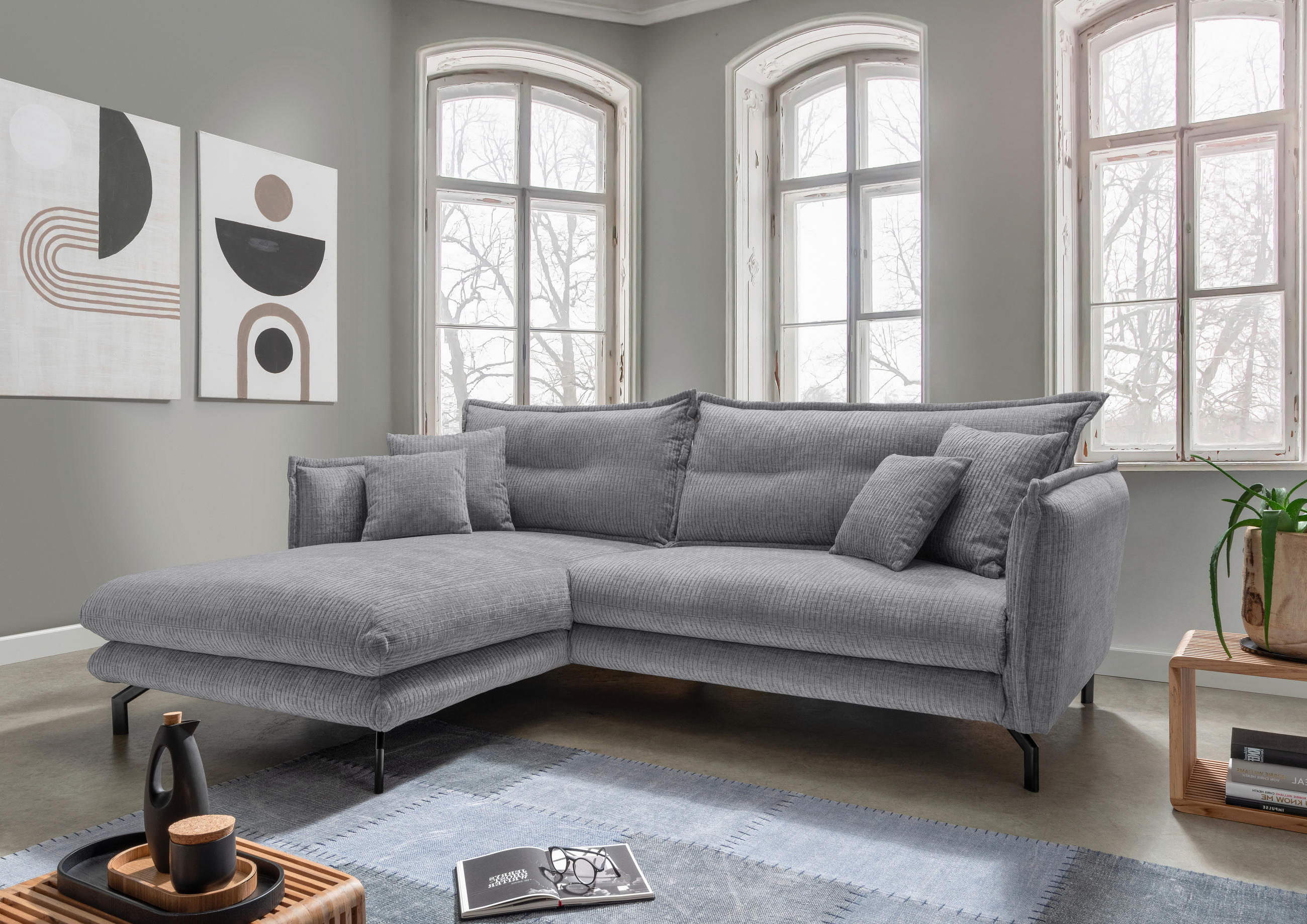 ECKSOFA in Velours Grau  - Schwarz/Grau, Design, Textil/Metall (180/255cm) - Livetastic