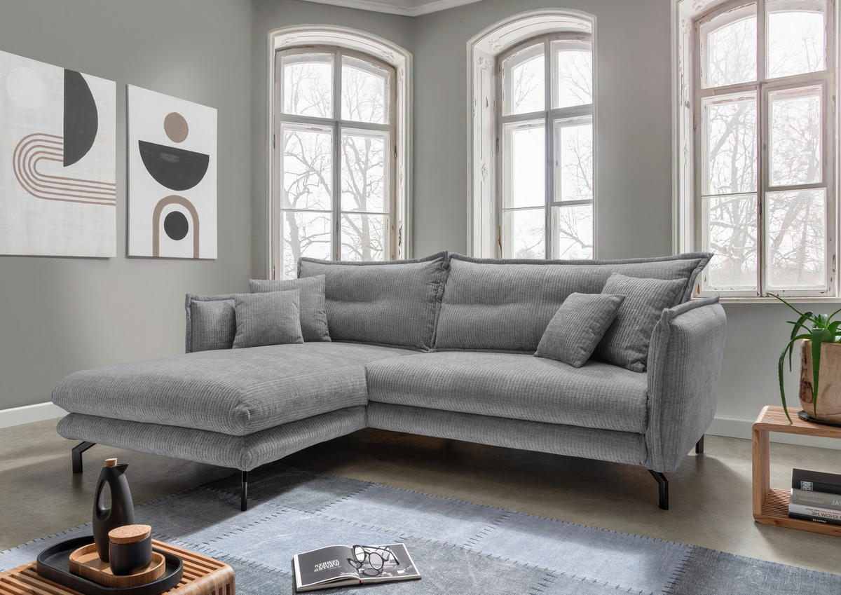 ECKSOFA in Velours Grau  - Schwarz/Grau, Design, Textil/Metall (180/255cm) - Livetastic