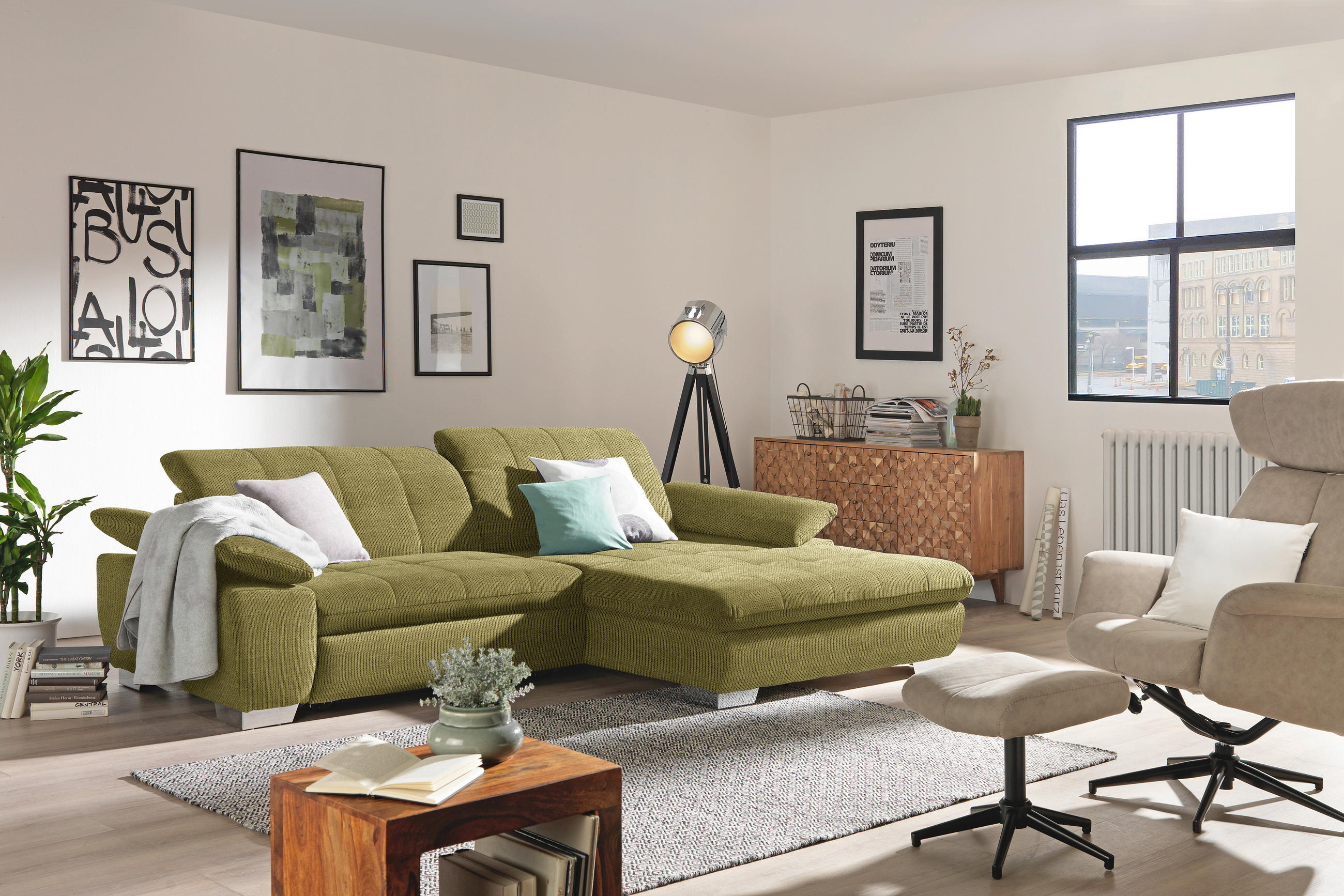 ECKSOFA in Mikrofaser Grün  - Chromfarben/Grün, Design, Textil/Metall (265/180cm) - Carryhome