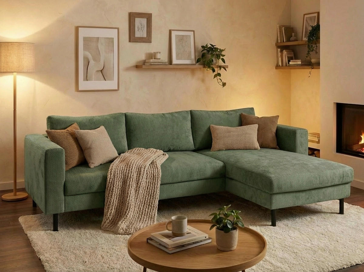 ECKSCHLAFSOFA  mit Rücken echt, Armteil links, Armteil rechts Cord Grün  - Schwarz/Grün, MODERN, Textil/Metall (232/161cm) - Trendmanufaktur