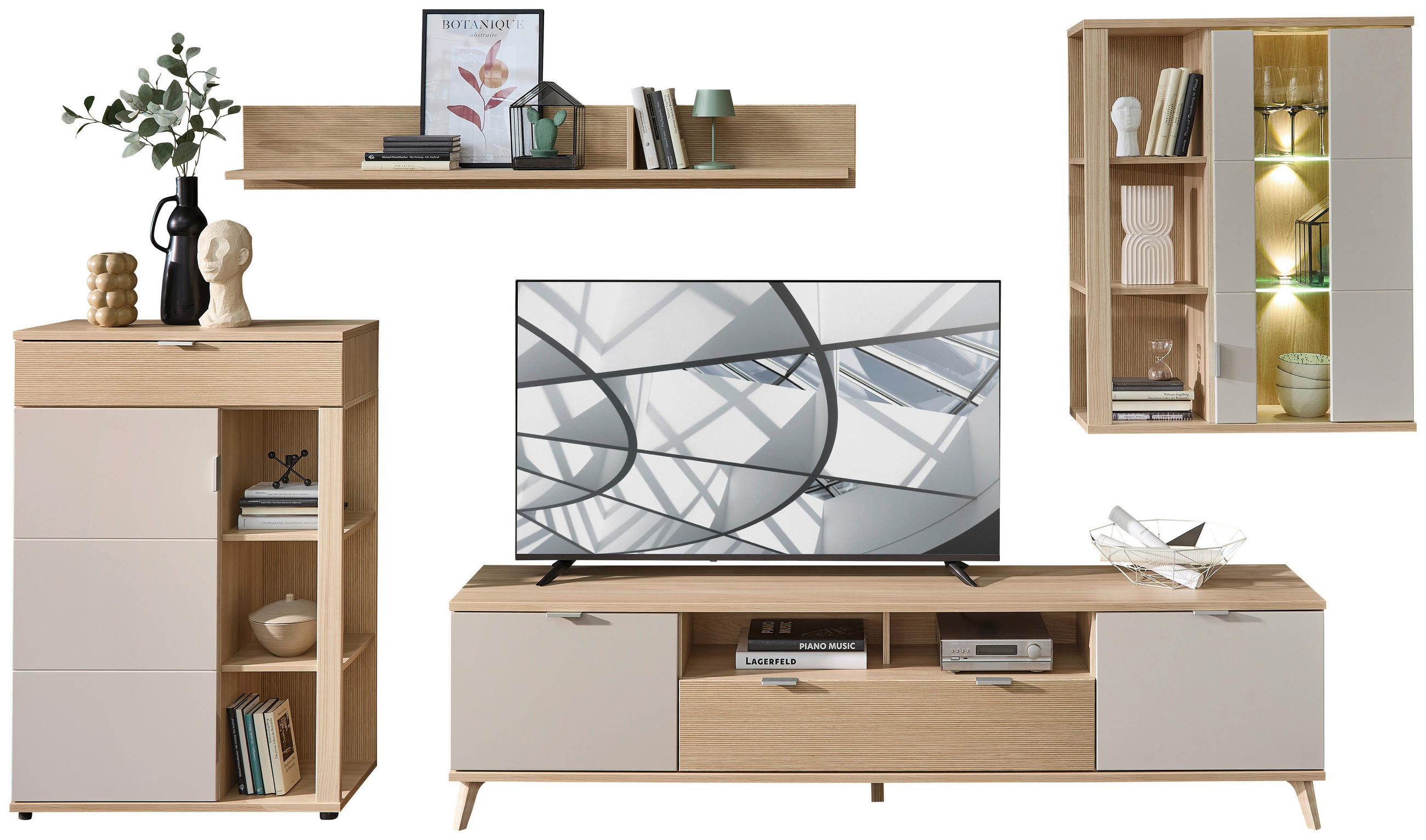 REGAL ZA DNEVNI BORAVAK boje hrasta, kašmir   - kašmir/boje hrasta, Moderno, staklo/drvni materijal (329/199/44cm) - Stylife