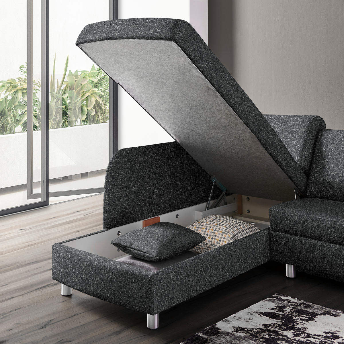 ECKSOFA  in Mikrovelours Anthrazit  208/227 cm  - Anthrazit/Alufarben, KONVENTIONELL, Textil/Metall (208/227cm) - Sedda