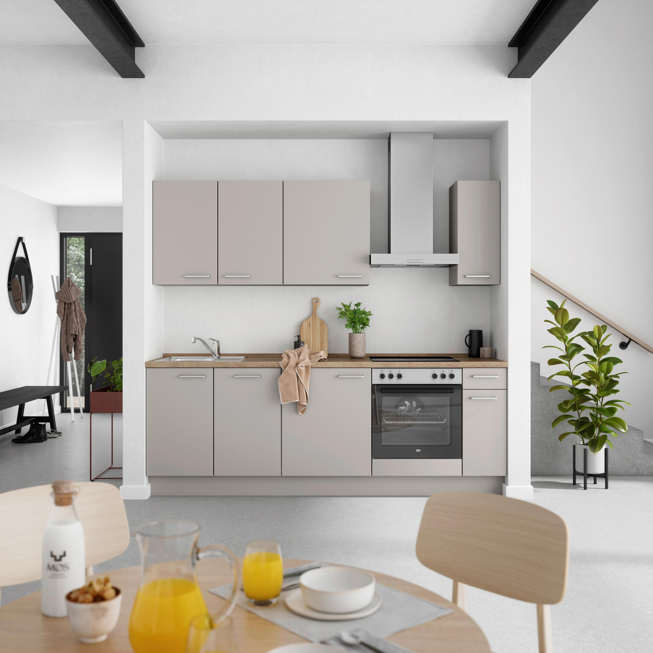 KÜCHENBLOCK 240 cm   in Grau, Eiche dunkel  - Eiche dunkel/Edelstahlfarben, MODERN, Holzwerkstoff/Metall (240cm) - Nobilia