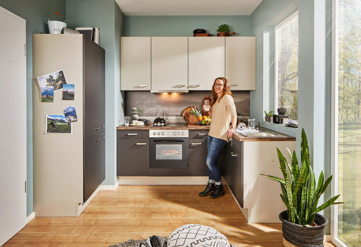 ECKKÜCHE  Graphitfarben, Eichefarben, Hellgrau  - Edelstahlfarben/Eichefarben, Basics, Holzwerkstoff/Metall (90/285/175cm) - Venda