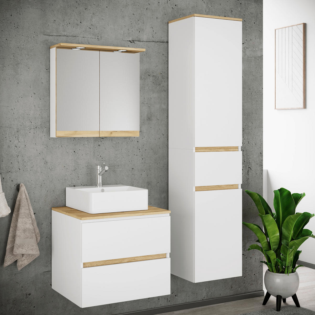 BADEZIMMER 4-teilig  in 90 cm  - Honigeiche/Weiß, Trend, Keramik/Holzwerkstoff (90cm) - MID.YOU