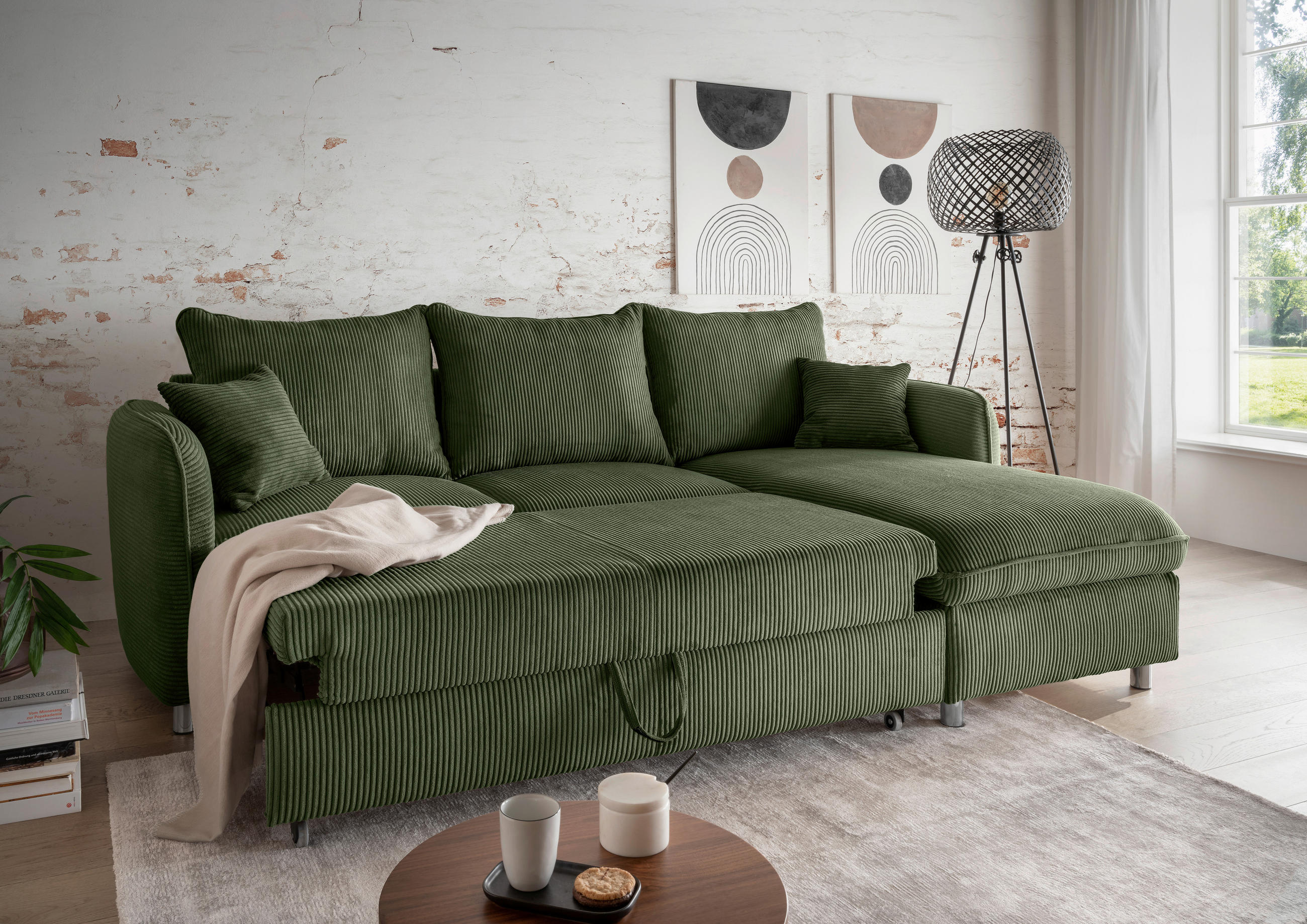 ECKSCHLAFSOFA Cord Dunkelgrün  - Chromfarben/Dunkelgrün, MODERN, Textil/Metall (254/160cm) - Livetastic