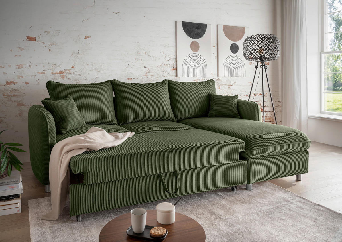 ECKSCHLAFSOFA in Cord Dunkelgrün  - Chromfarben/Dunkelgrün, Modern, Textil/Metall (254/160cm) - Livetastic