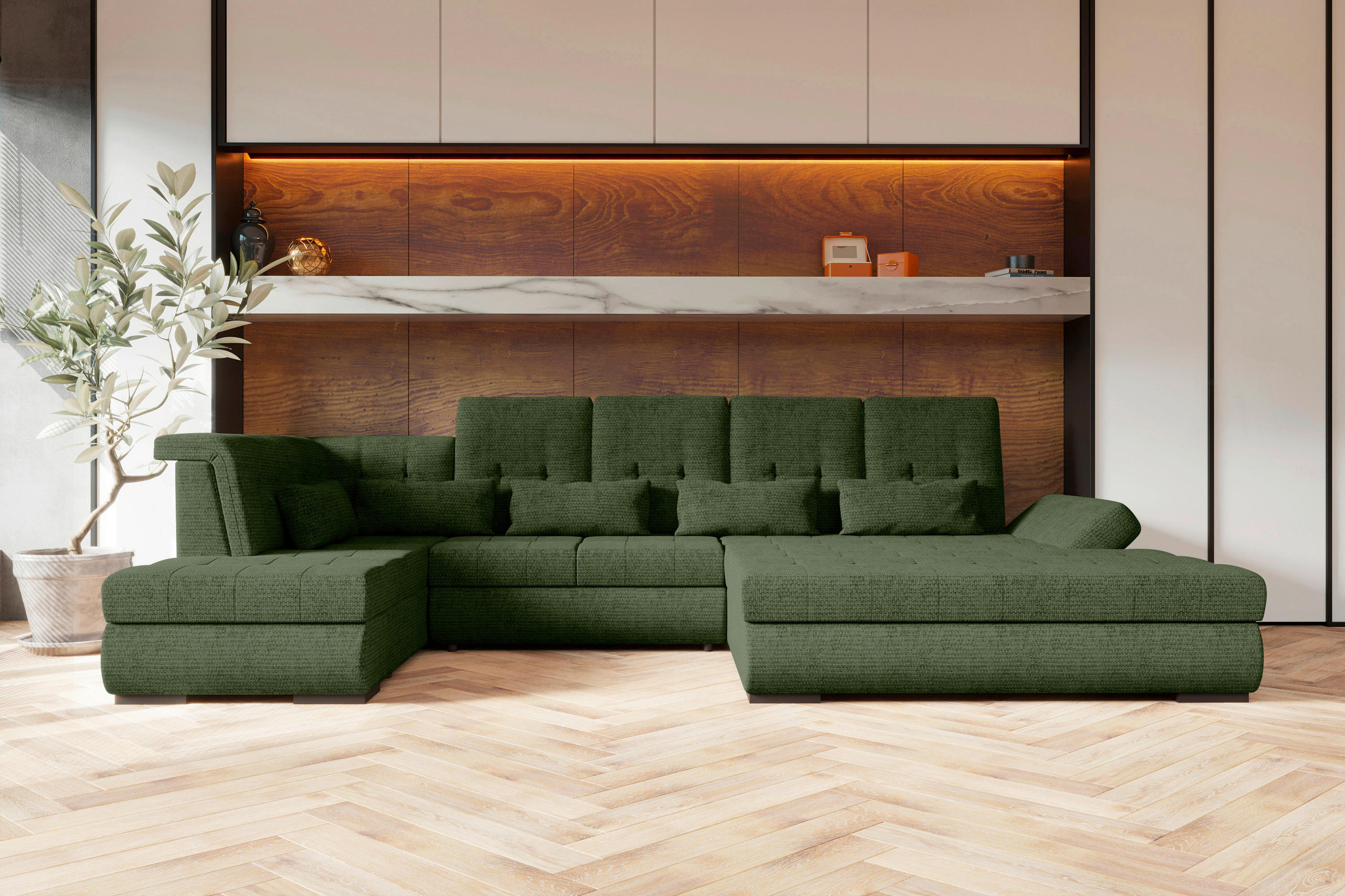 WOHNLANDSCHAFT Olivgrün Struktur  - Schwarz/Olivgrün, KONVENTIONELL, Kunststoff/Textil (222/358/212cm) - Carryhome