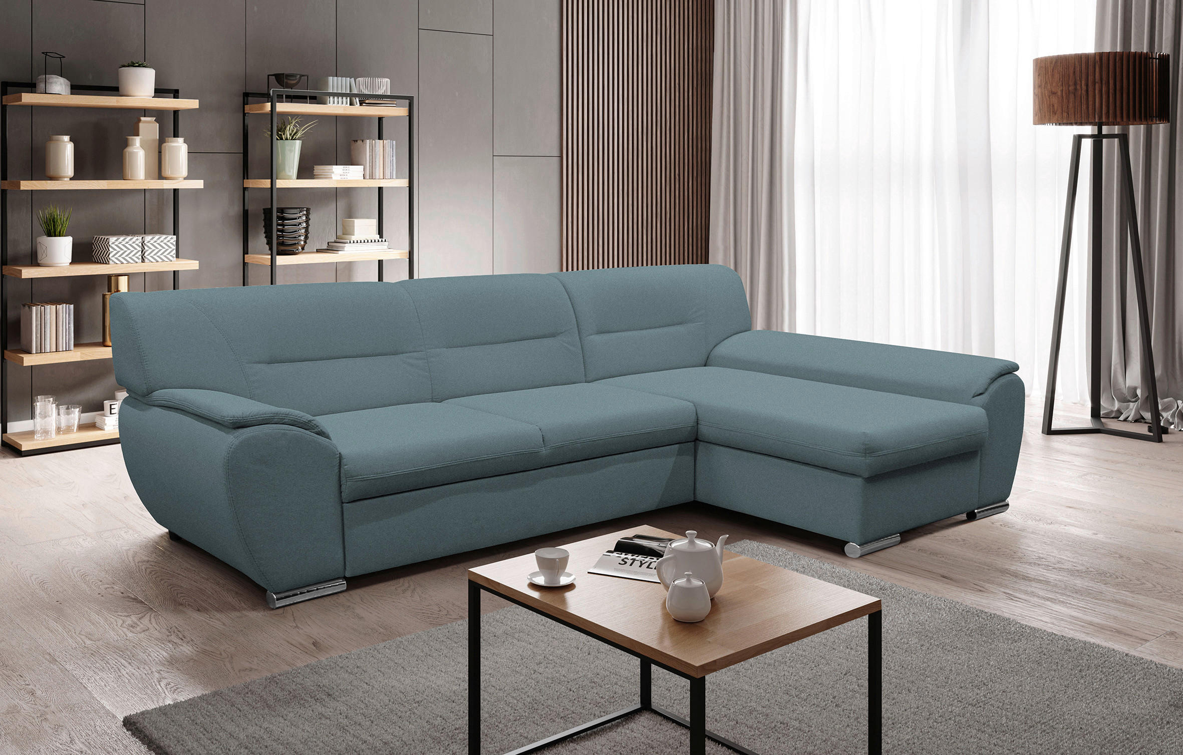 ECKSOFA Blau Flachgewebe  - Blau/Silberfarben, Design, Kunststoff/Textil (281/167cm) - MID.YOU