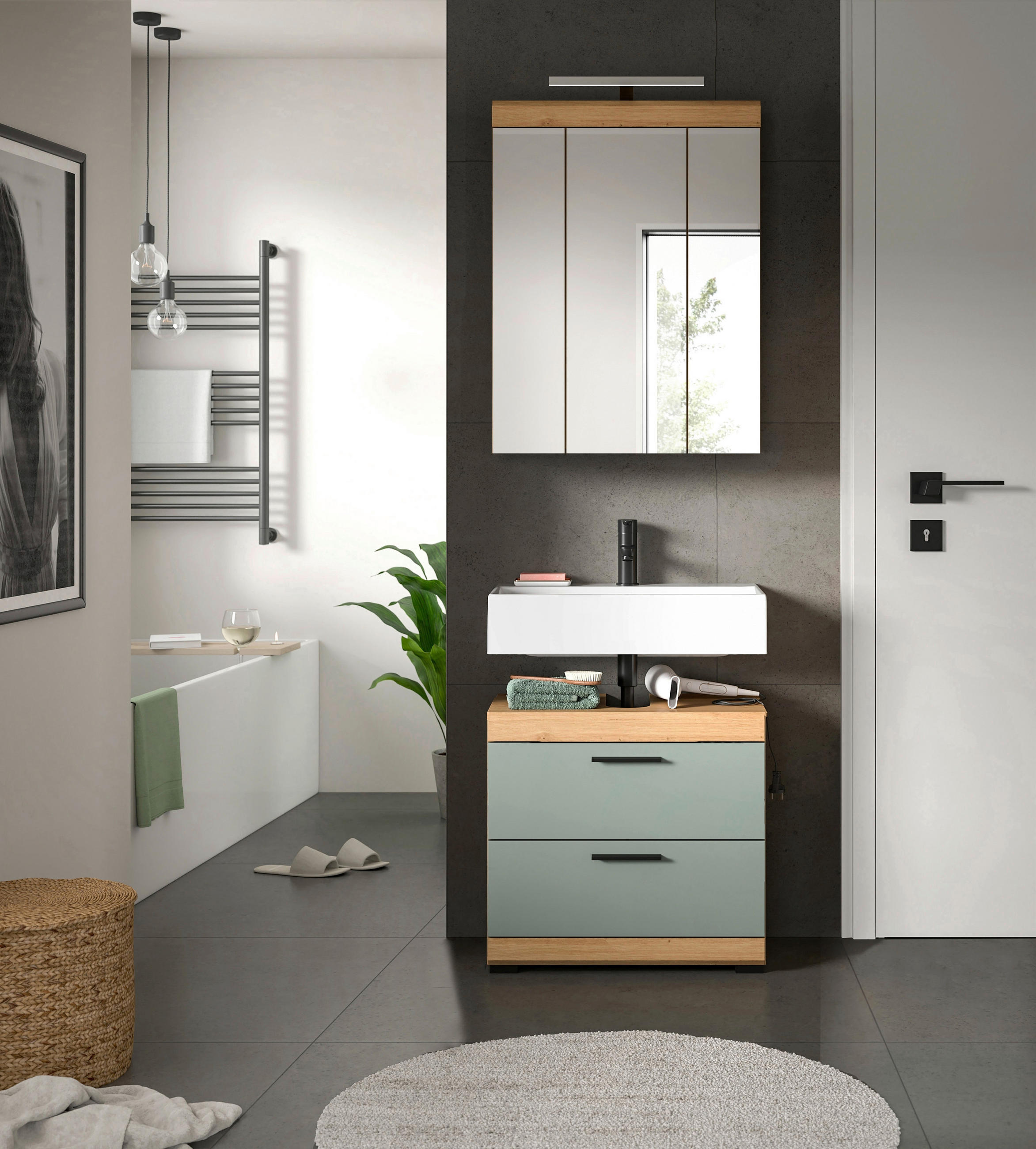 BADEZIMMER 2-teilig  in 60 cm  - Salbeigrün/Schwarz, Modern, Glas/Holzwerkstoff (60cm) - MID.YOU