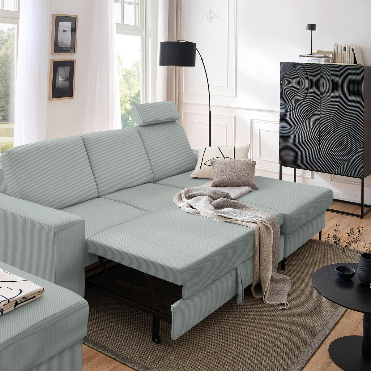 ECKSOFA in Cord Hellgrau  - Hellgrau/Schwarz, Konventionell, Textil/Metall (247/167cm) - Stylife