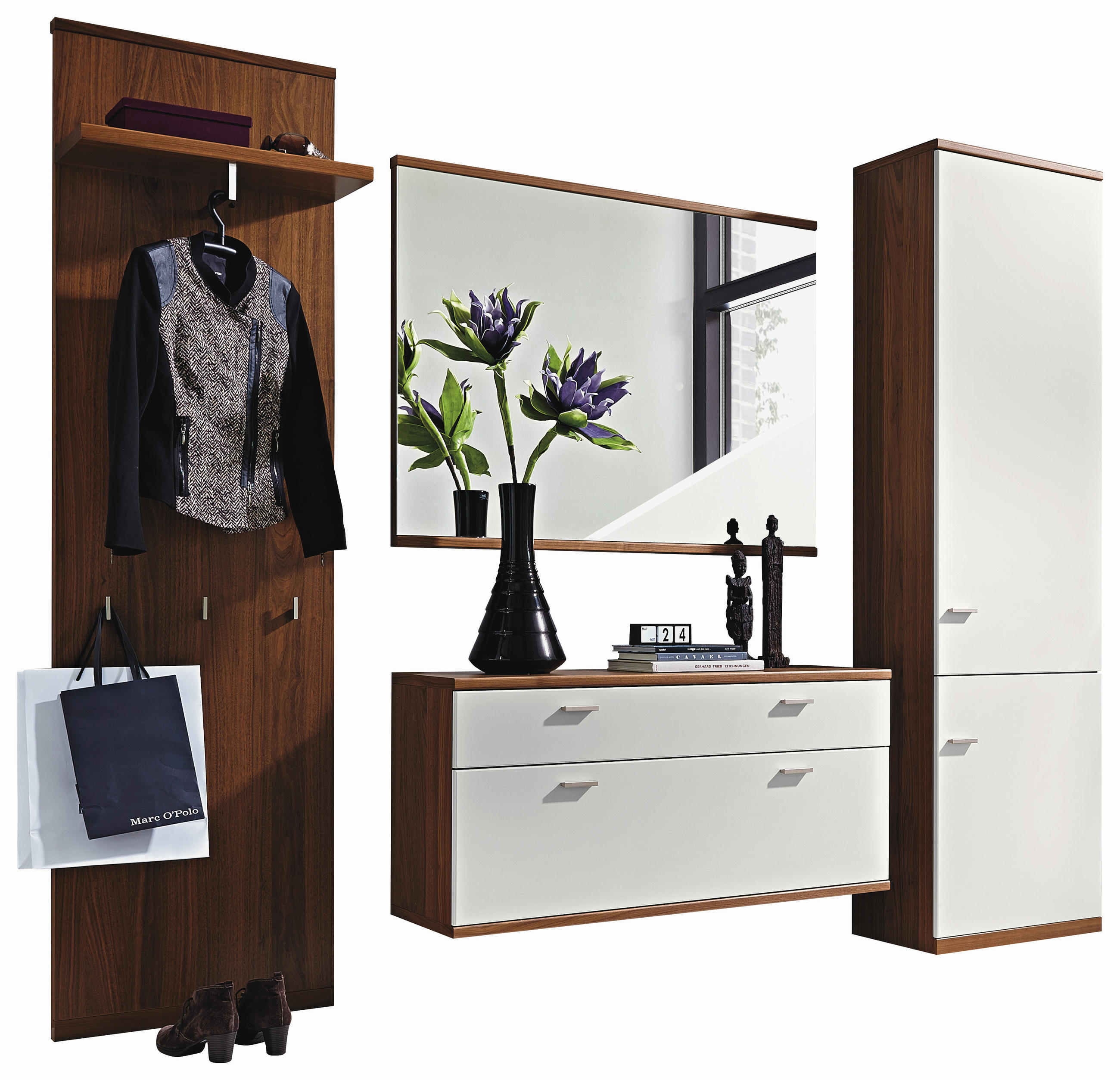GARDEROBE 4-teilig  in  - Nussbaumfarben/Weiß, Design, Holz/Holzwerkstoff - Invivus