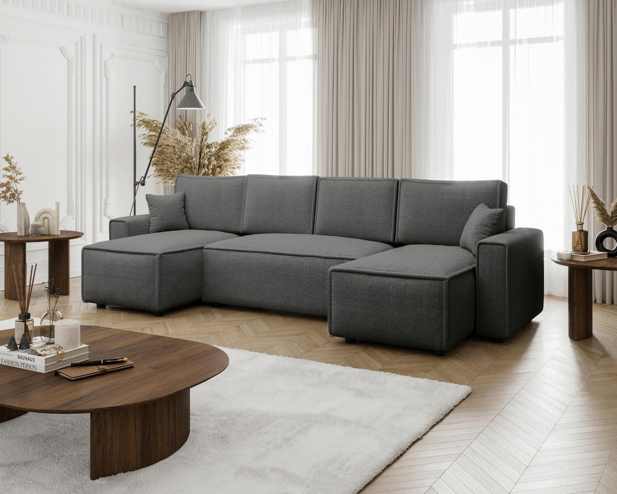 WOHNLANDSCHAFT Dunkelgrau Bouclé  - Dunkelgrau/Schwarz, MODERN, Kunststoff/Textil (140/305/140cm) - Carryhome