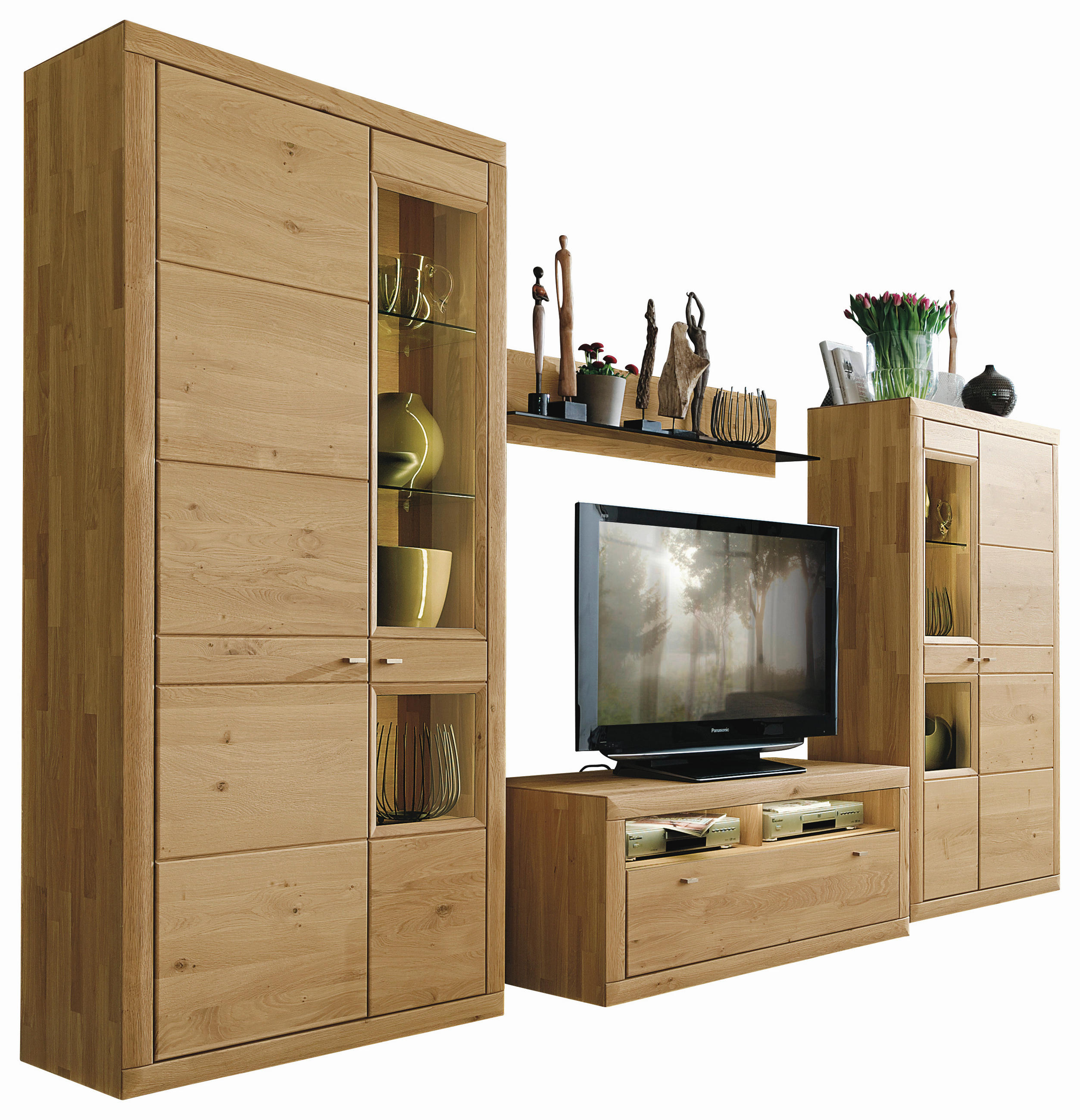 WOHNWAND Segrino  in Eichefarben  348,6/205,2/54,9 cm  - Edelstahlfarben/Eichefarben, KONVENTIONELL, Glas/Holz (348,6/205,2/54,9cm) - Valdera