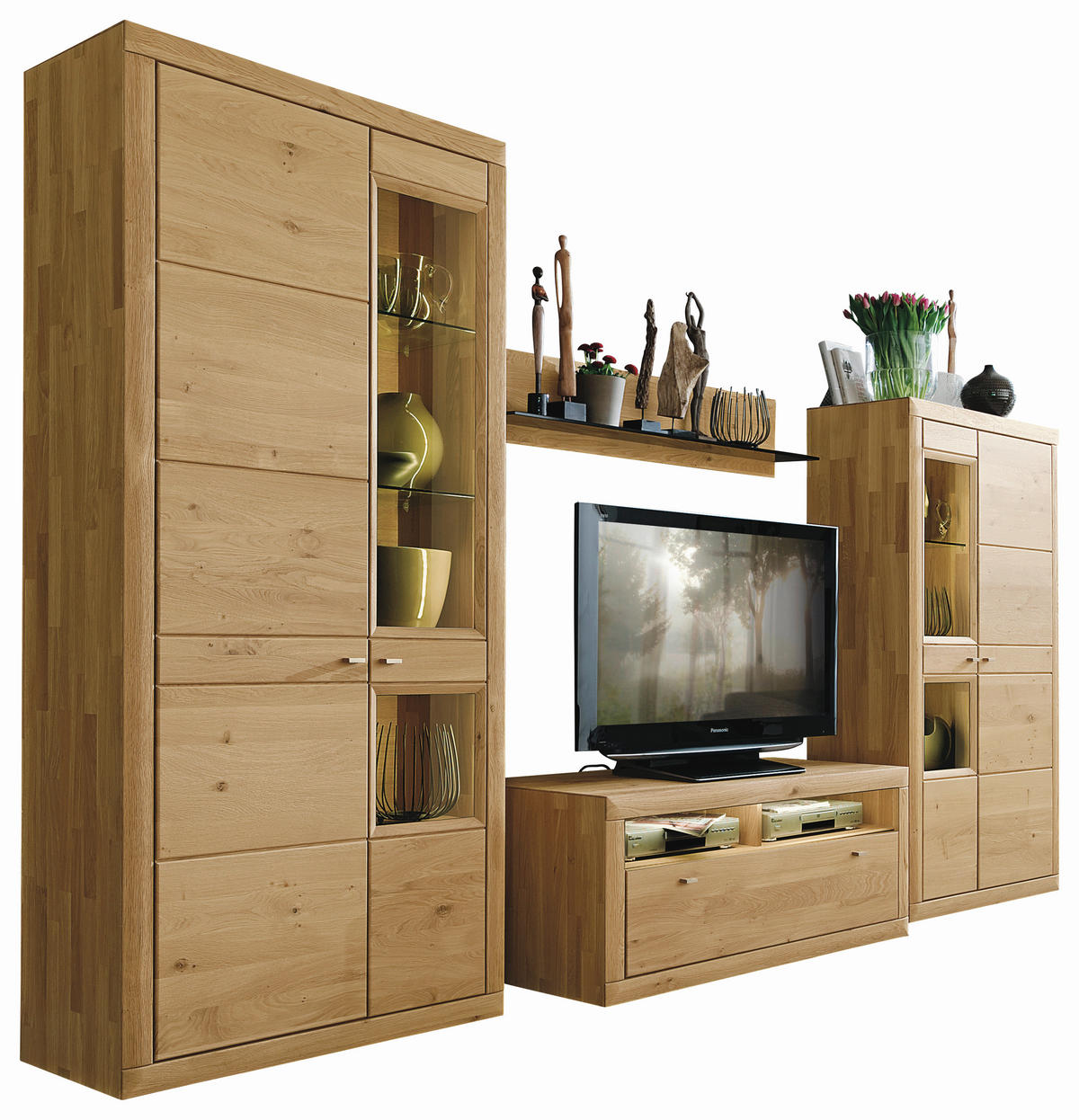 WOHNWAND  in Eichefarben  348,6/205,2/54,9 cm  - Edelstahlfarben/Eichefarben, KONVENTIONELL, Glas/Holz (348,6/205,2/54,9cm) - Valdera