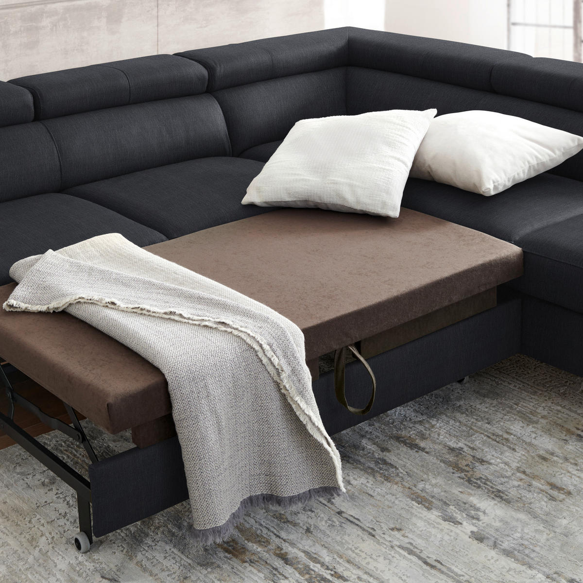 ECKSOFA in Echtleder Schwarz  - Schwarz, Design, Leder/Metall (256/220cm) - Celina Home