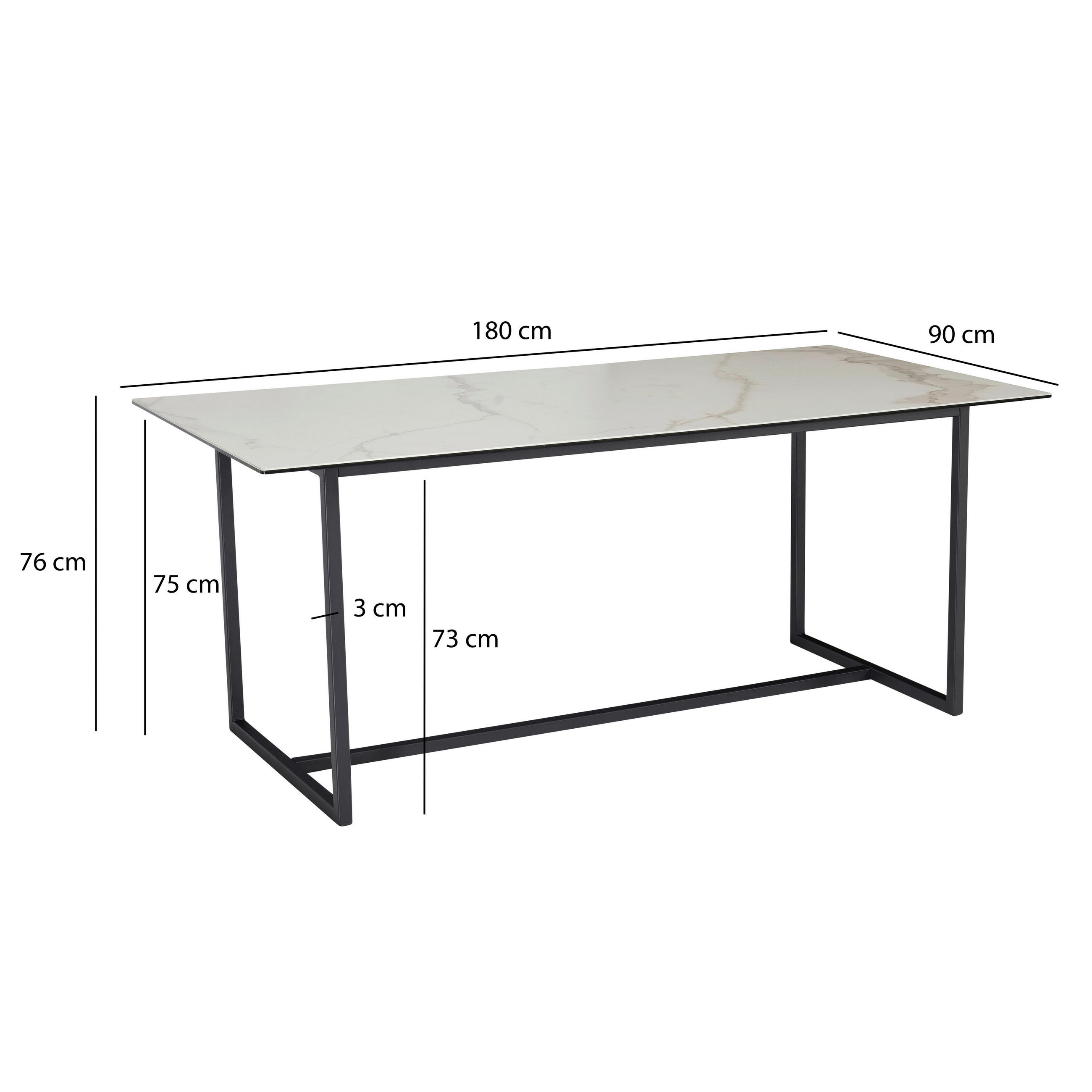 ESSTISCH in Keramik 180/90/76 cm  - Schwarz/Weiß, Design, Keramik/Metall (180/90/76cm) - MID.YOU