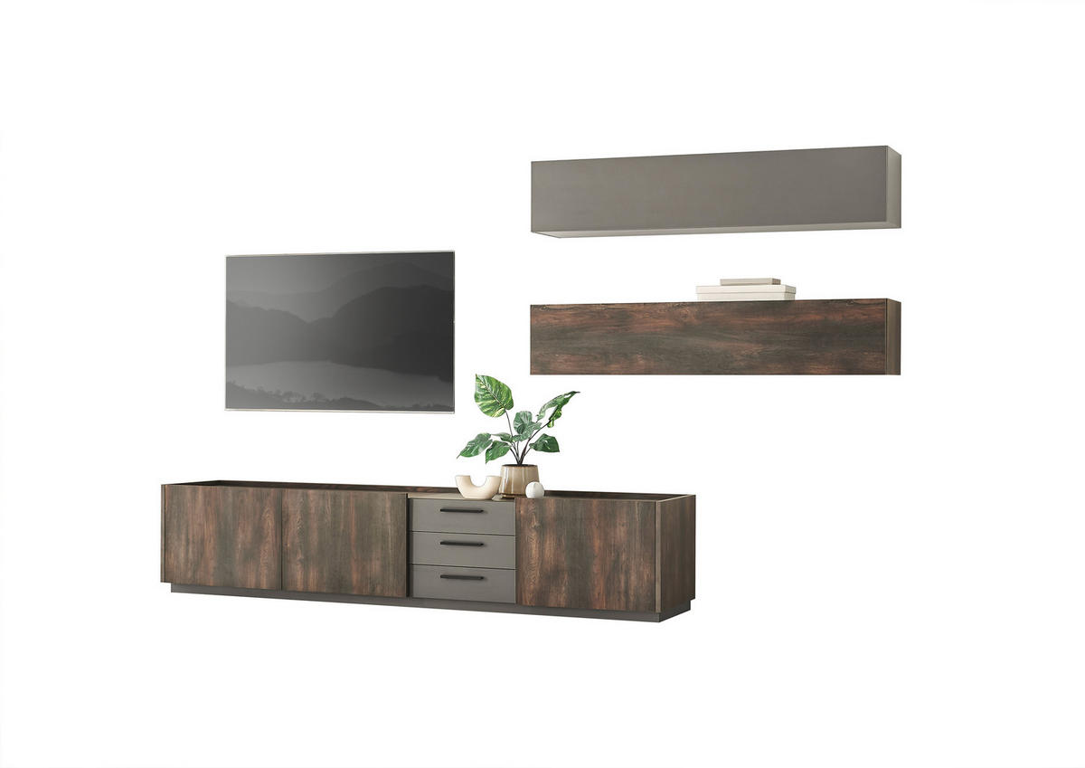 WOHNWAND 3-teilig  in Anthrazit, Eichefarben  316/200/45 cm  - Eichefarben/Anthrazit, Design, Holzwerkstoff/Metall (316/200/45cm) - MID.YOU