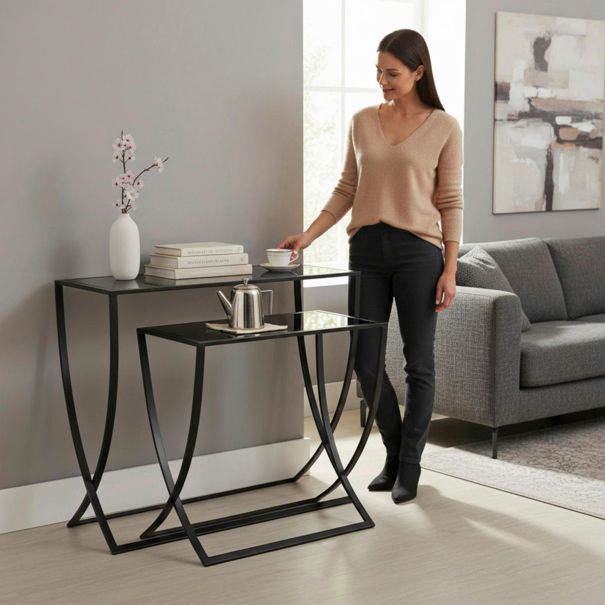 BEISTELLTISCHSET rechteckig Schwarz  - Schwarz, Design, Glas/Metall (60-80/30/55-65cm)