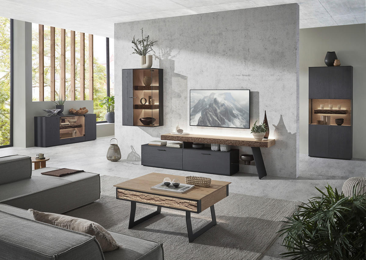 WOHNWAND  Anthrazit, Eichefarben 311/196/44 cm  - Eichefarben/Anthrazit, Design, Glas/Holz (311/196/44cm) - Valnatura