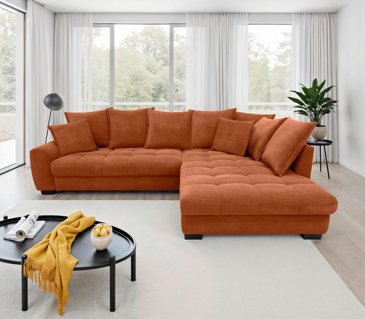 ECKSOFA Dunkelorange Cord Rückenkissen, Armlehnenkissen, Bettkasten, Schlaffunktion, Rücken echt, Liegefläche im Originalstoff  - Dunkelorange/Schwarz, KONVENTIONELL, Kunststoff/Textil (304/212cm) - Carryhome