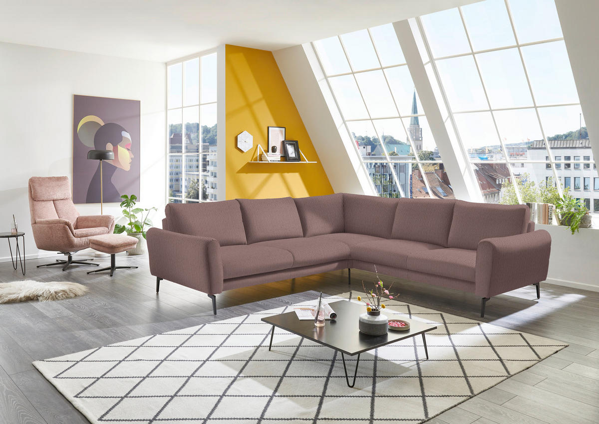ECKSOFA in Velours, Feincord Altrosa  - Schwarz/Altrosa, Design, Textil/Metall (280/254cm) - Beldomo Style
