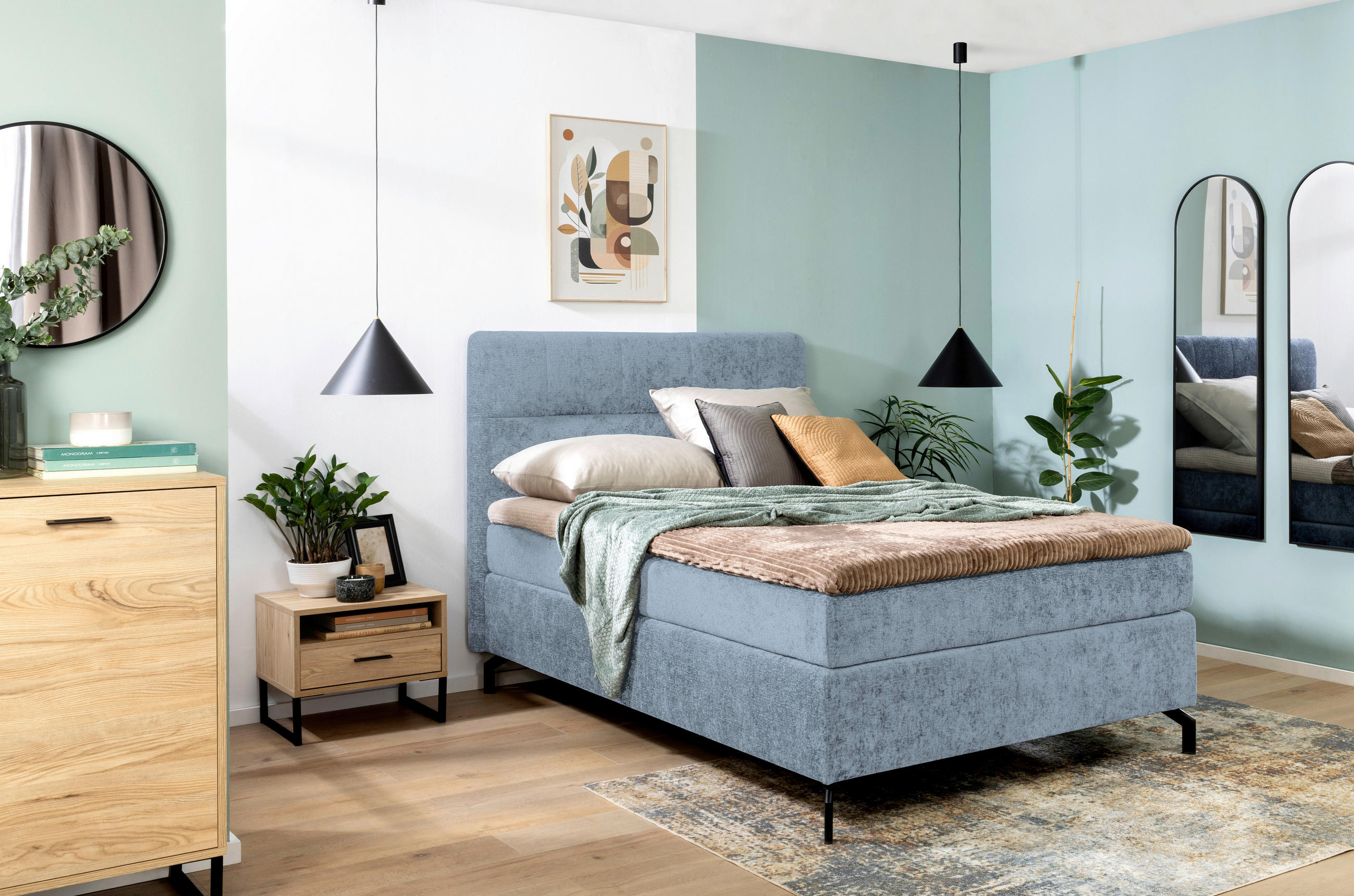 POSTELJA BOXSPRING 140 cm x 200 cm , tekstil svetlo modra - svetlo modra/črna, Design, kovina/tekstil (140/200cm) - Esposa