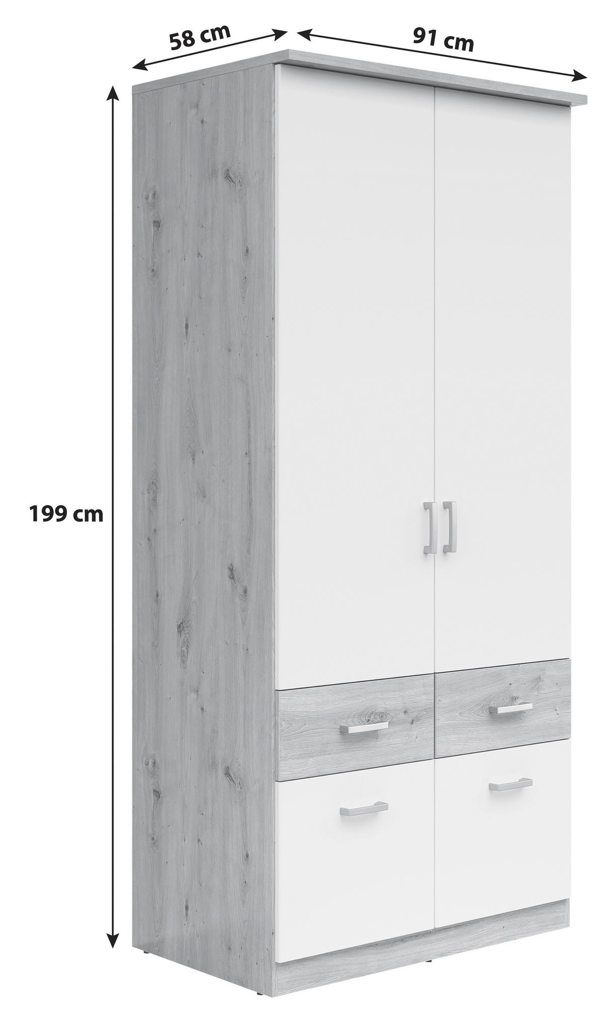 KLEIDERSCHRANK 91/199/58 cm 2-türig Weiß, Eiche Artisan  - Silberfarben/Weiß, KONVENTIONELL, Holzwerkstoff/Kunststoff (91/199/58cm)
