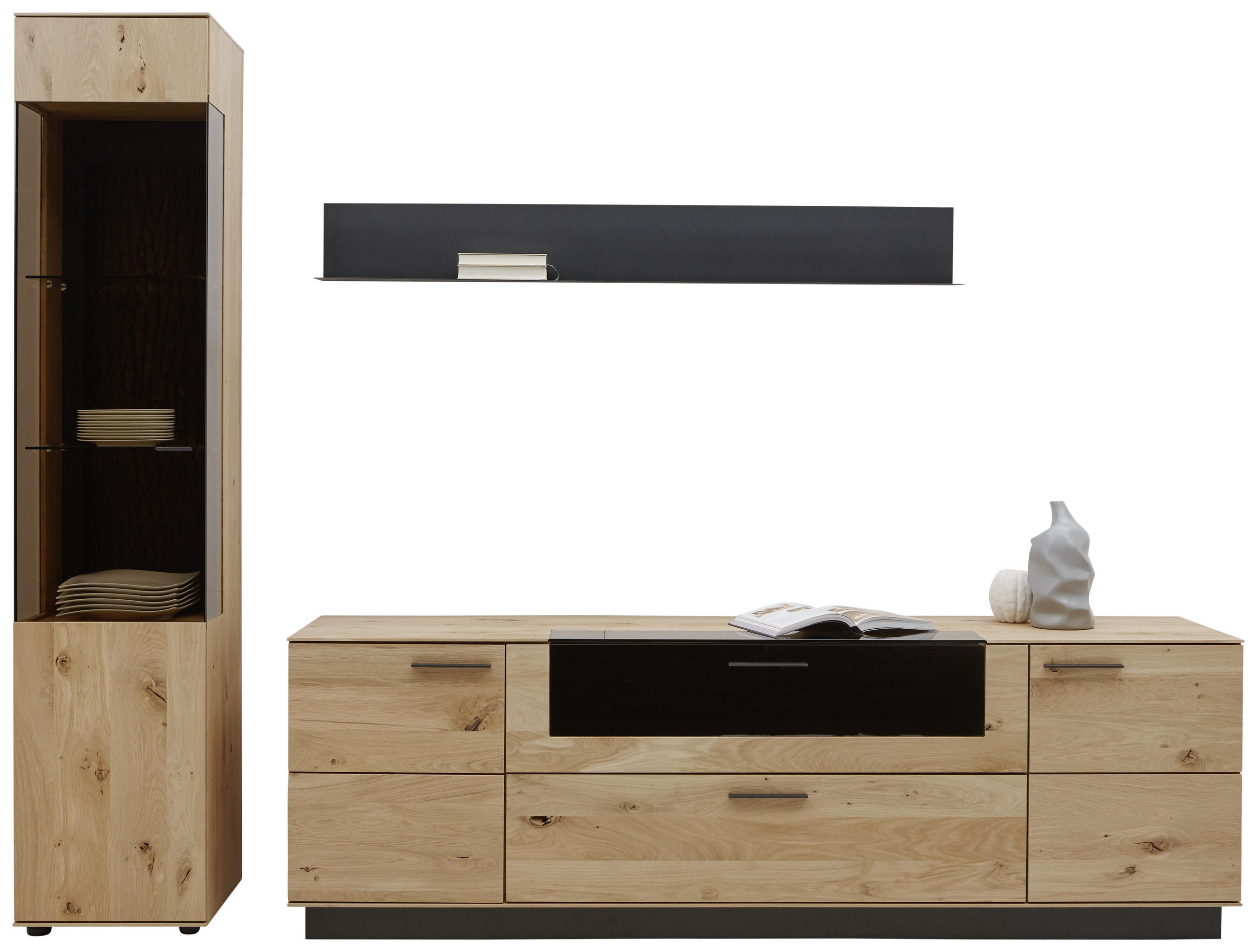 WOHNWAND Kerneiche vollmassiv Anthrazit, Eichefarben, Bronzefarben Einlegeboden - Eichefarben/Anthrazit, Design, Glas/Holz (269/205/49cm) - Valnatura