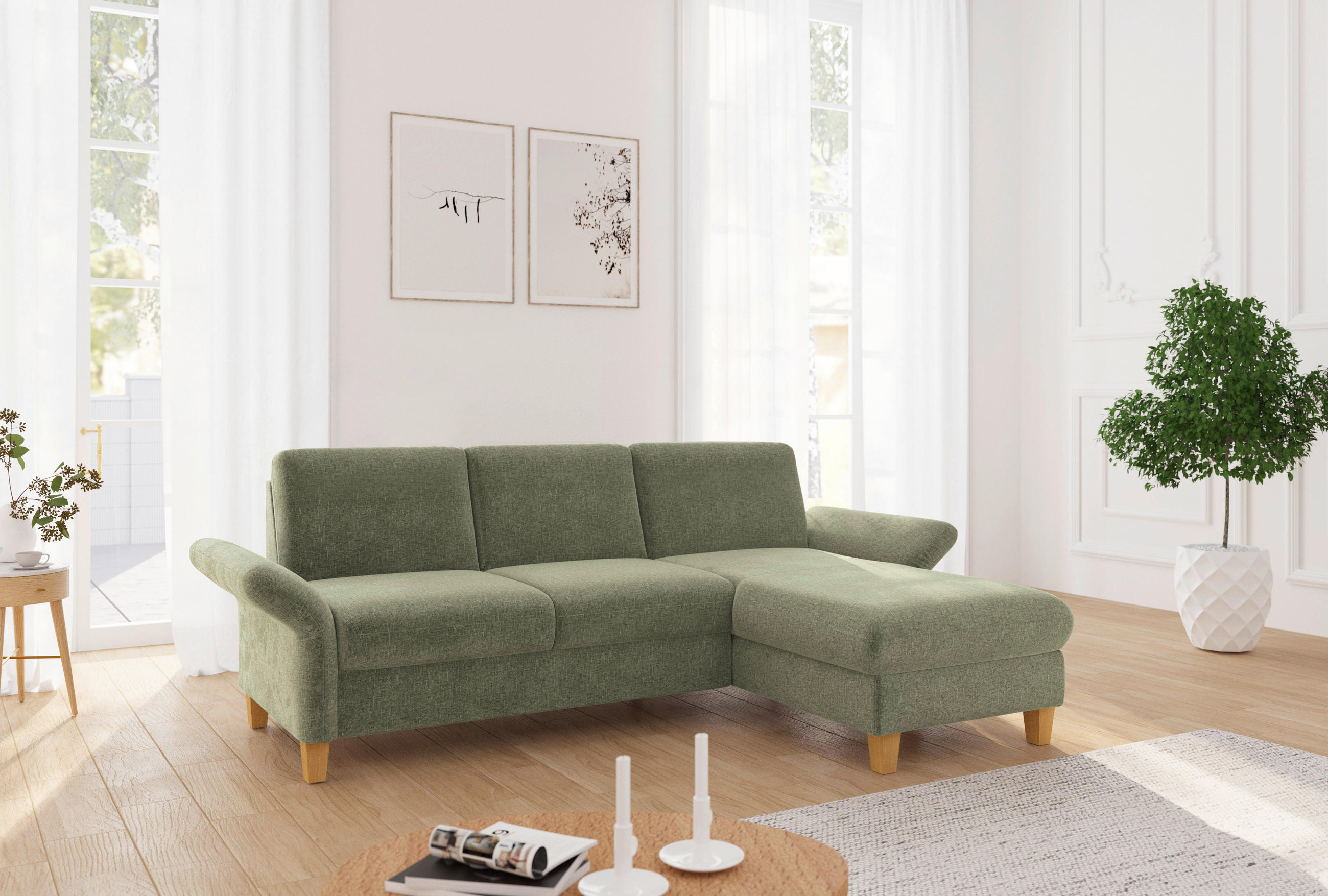 ECKSOFA ROCHELLE E Hellgrün Flachgewebe  - Eichefarben/Hellgrün, KONVENTIONELL, Holz/Textil (251/164cm) - Sit & More