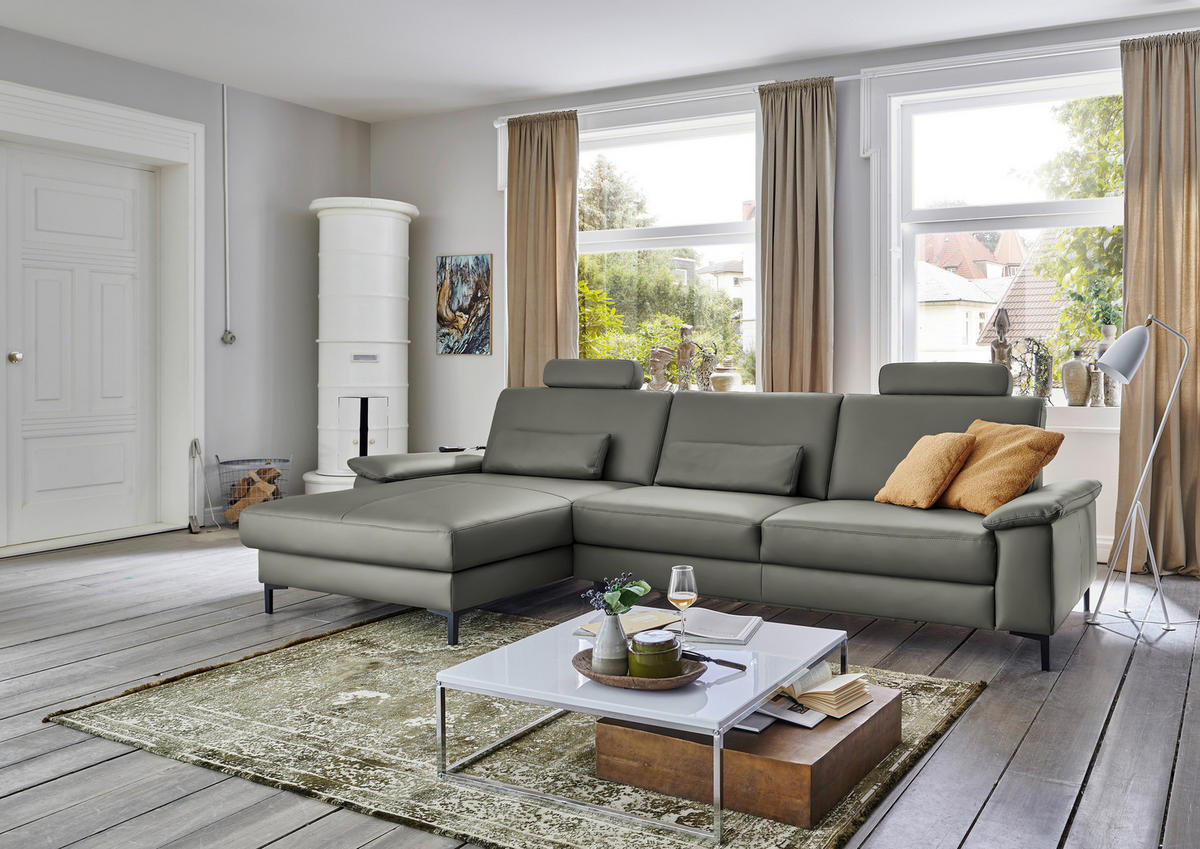 ECKSOFA in Echtleder Grau  - Schwarz/Grau, Design, Leder/Metall (176/334cm) - Dieter Knoll