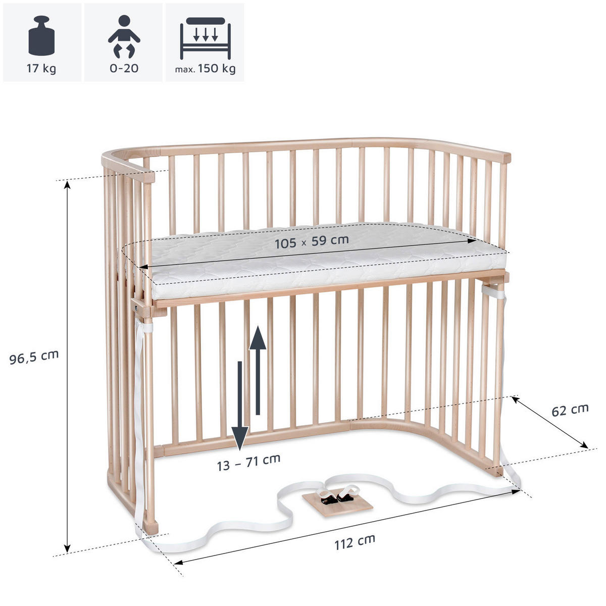 BEISTELLBETT BOXSPRING XXL  110/62/96,50 cm  - Naturfarben, Basics, Holz (110/62/96,50cm) - Babybay