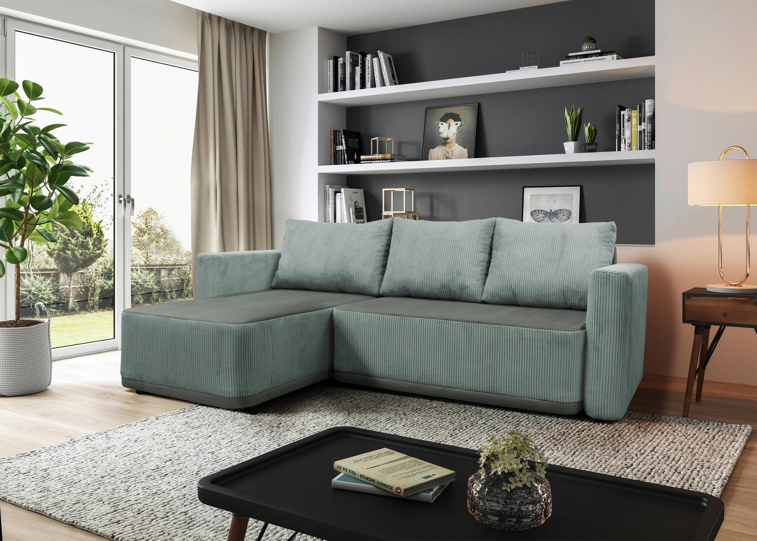 ECKSOFA STELLA in Plüsch Türkis  166/234 cm  - Türkis/Schwarz, Design, Kunststoff/Textil (166/234cm) - MID.YOU