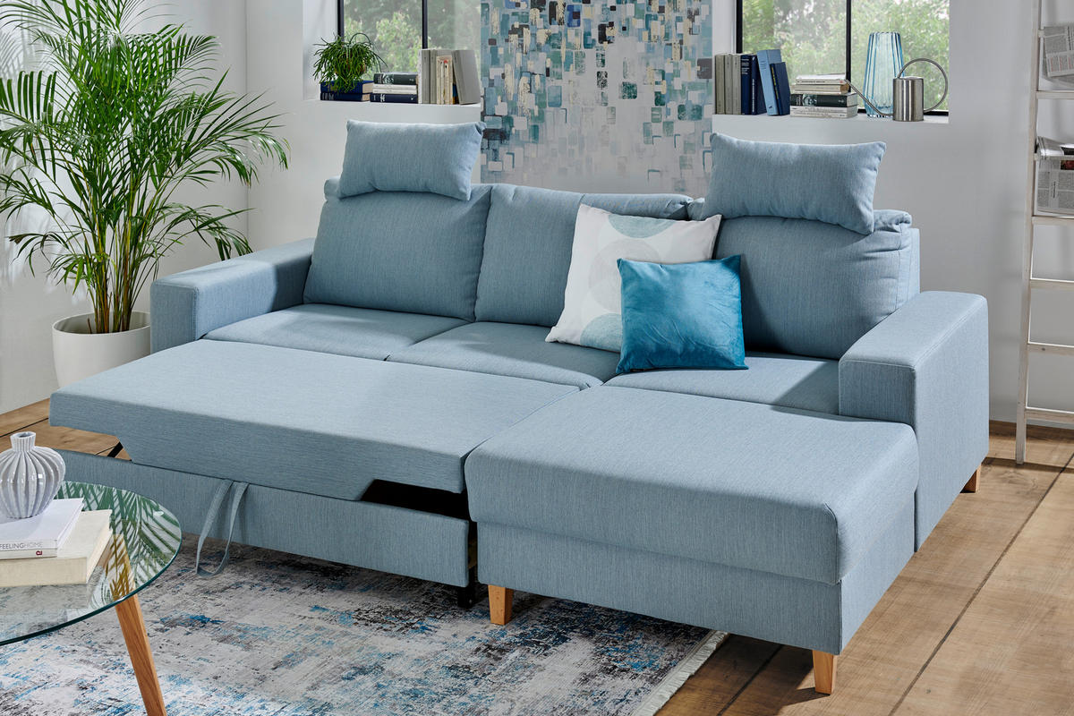ECKSOFA Hellblau Webstoff  - Buchefarben/Hellblau, Design, Holz/Textil (260/160cm) - Ti'me