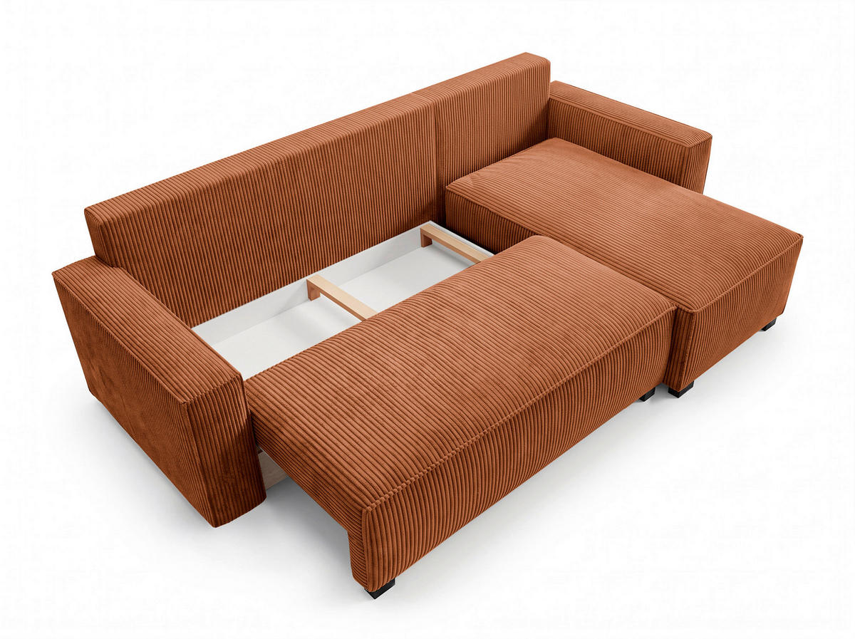 ECKSOFA Rostfarben Cord Rückenkissen, Bettkasten, Schlaffunktion, Rücken echt, Liegefläche im Originalstoff  - Rostfarben/Schwarz, MODERN, Kunststoff/Textil (232/140cm) - Xora