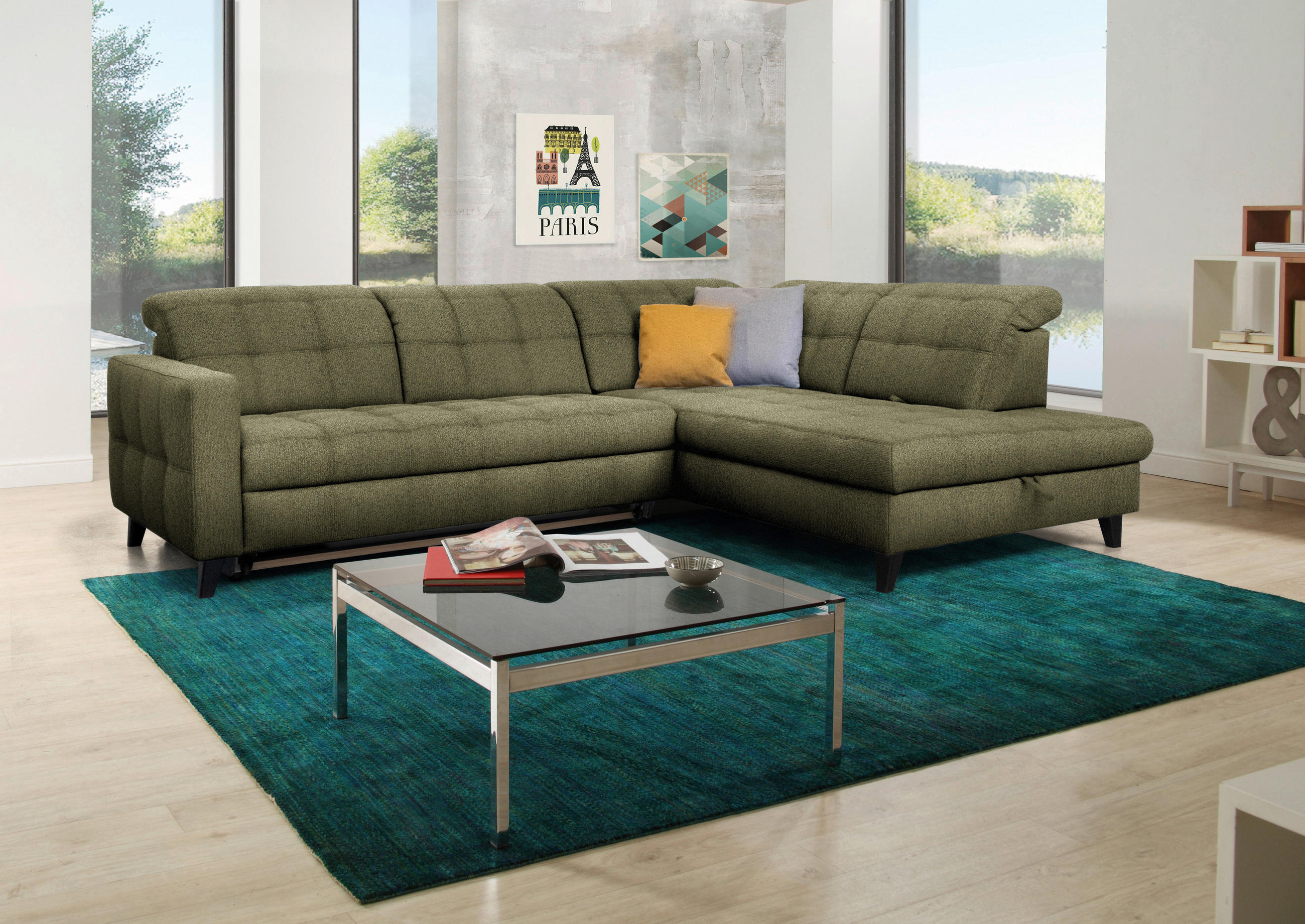 ECKSOFA in Webstoff Olivgrün  - Schwarz/Olivgrün, Design, Holz/Textil (297/216cm) - Xora