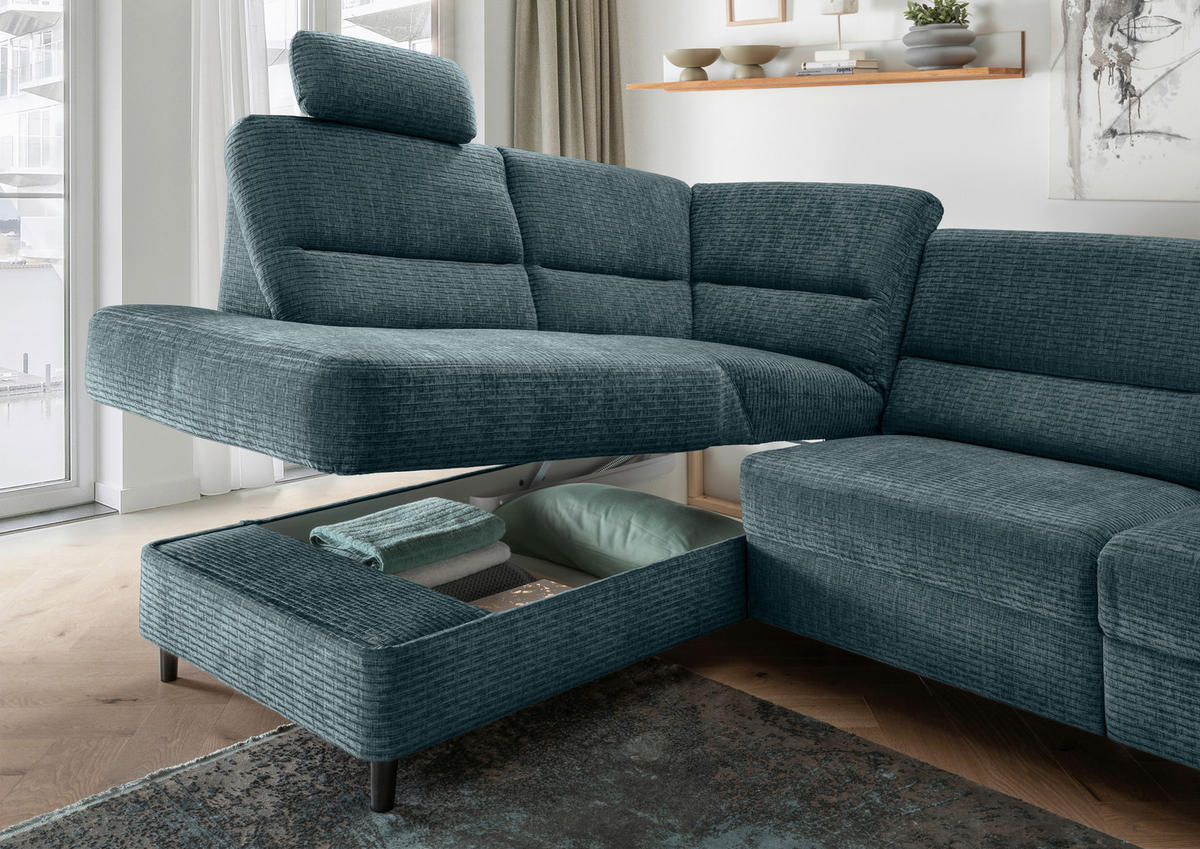 ECKSOFA in Mikrofaser Blau  - Blau/Schwarz, Modern, Holz/Textil (190/266cm) - Livetastic