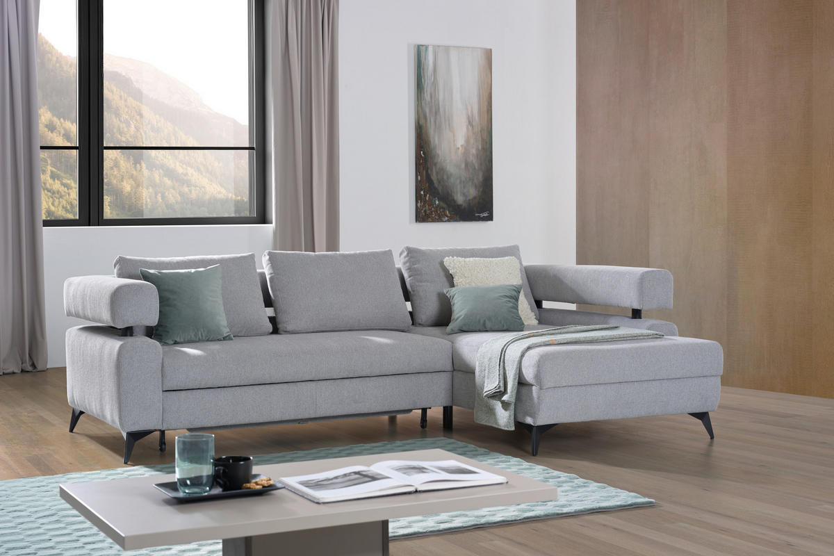 ECKSOFA Hellgrau Chenille  - Hellgrau/Schwarz, KONVENTIONELL, Textil/Metall (265/184cm) - Hom`in